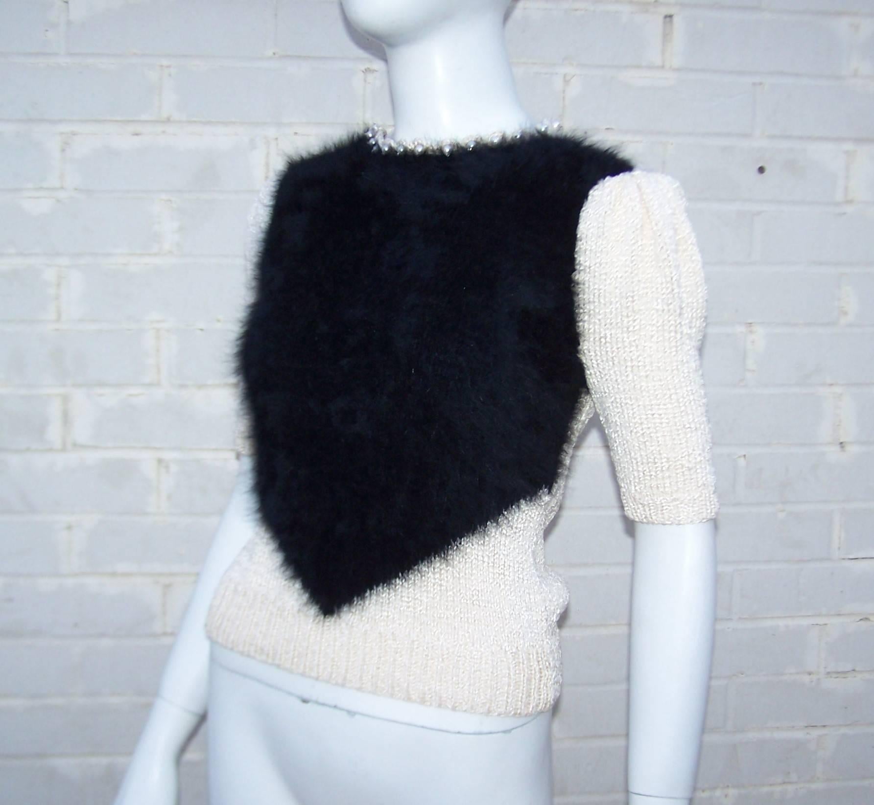 Pearl Embellished 1970's Black Angora Two Tone Sweater Top  2