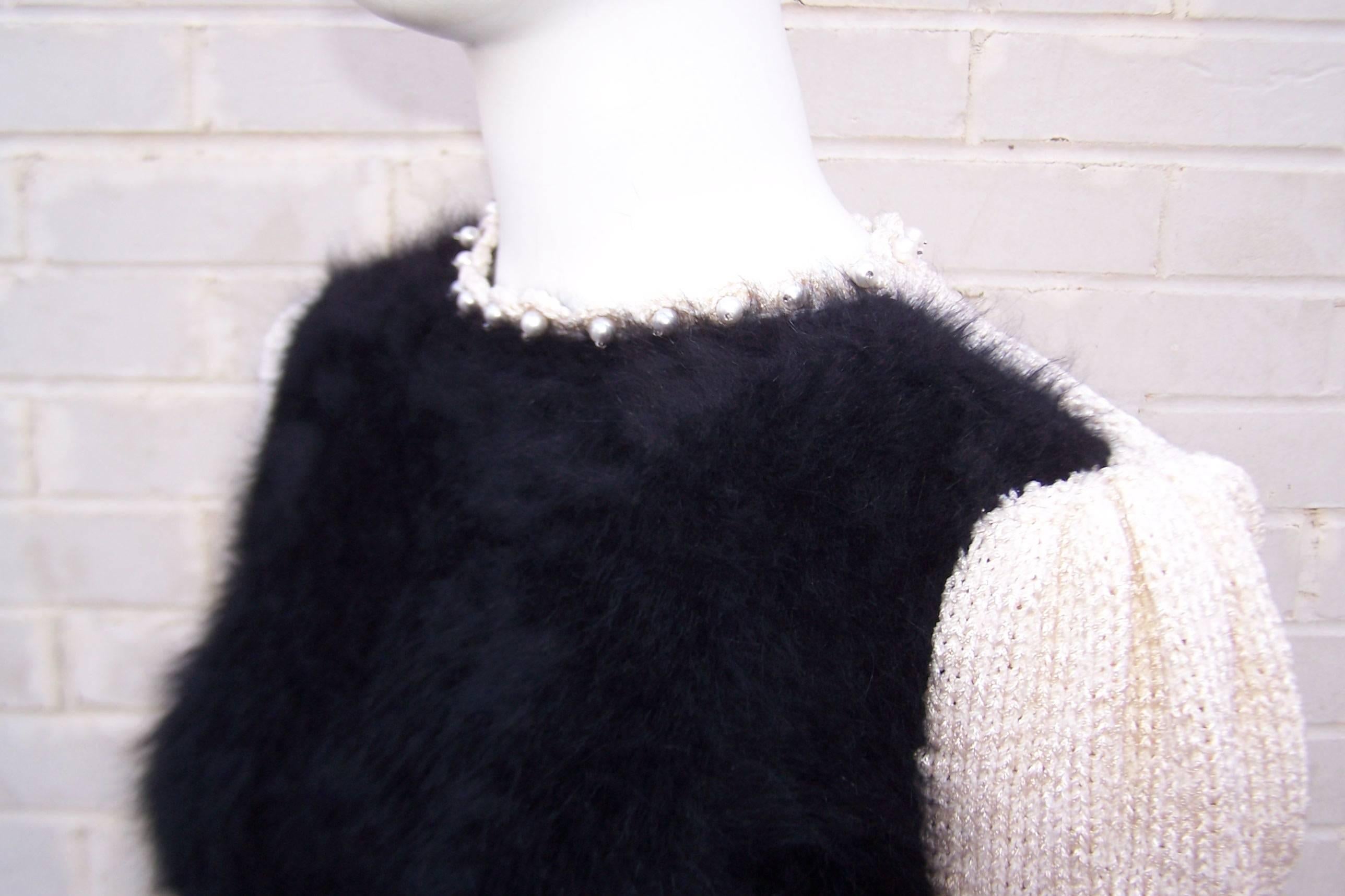 Pearl Embellished 1970's Black Angora Two Tone Sweater Top  4