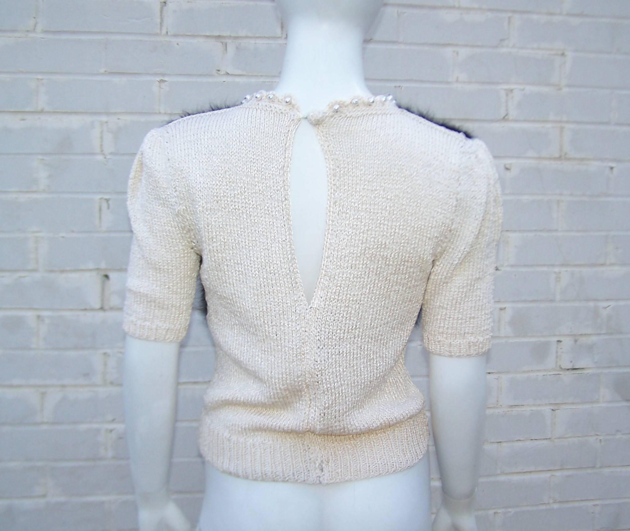 Pearl Embellished 1970's Black Angora Two Tone Sweater Top  5