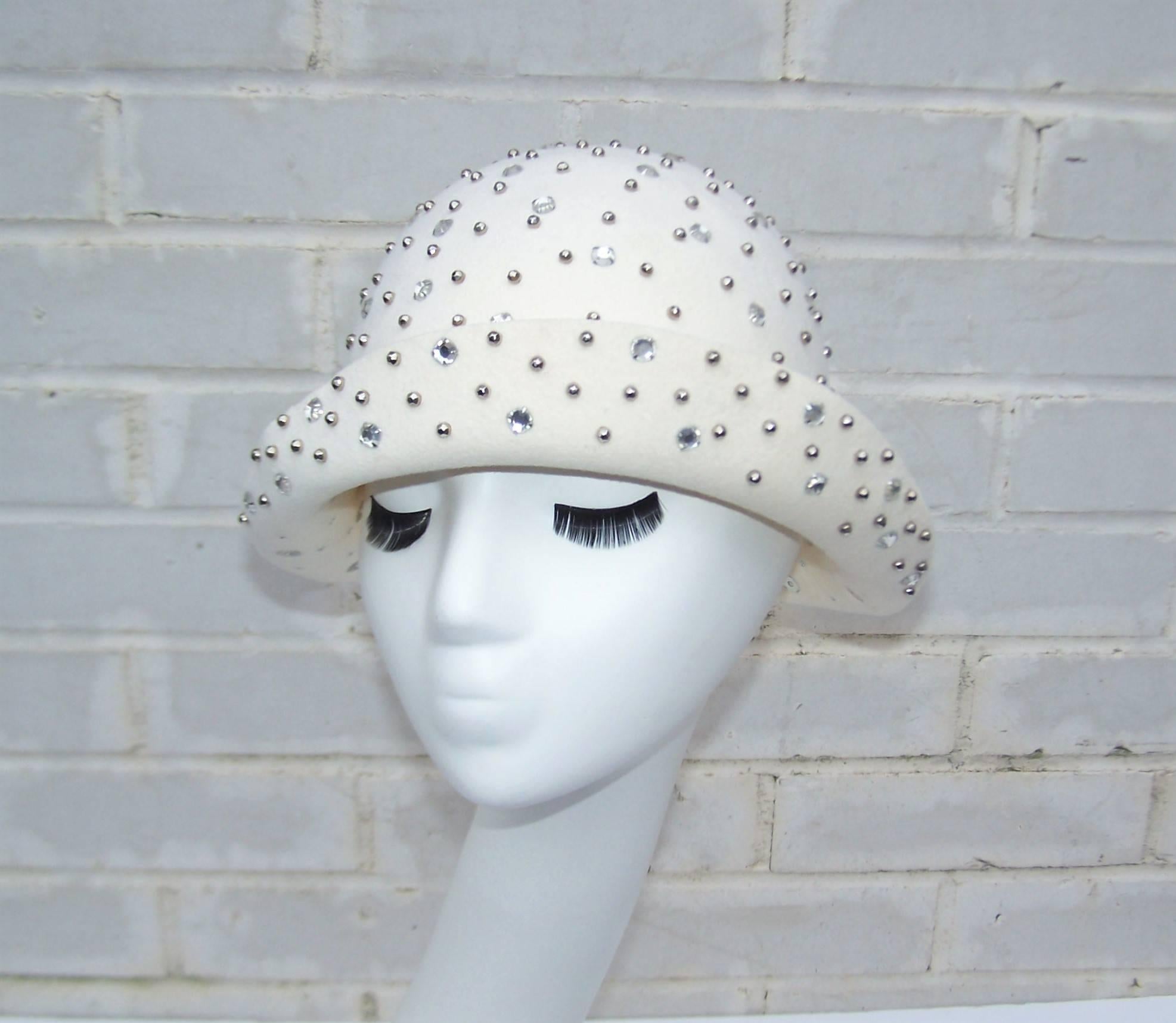 Gray 1970's Adolfo II Flapper Style Hat With Studs & Rhinestones