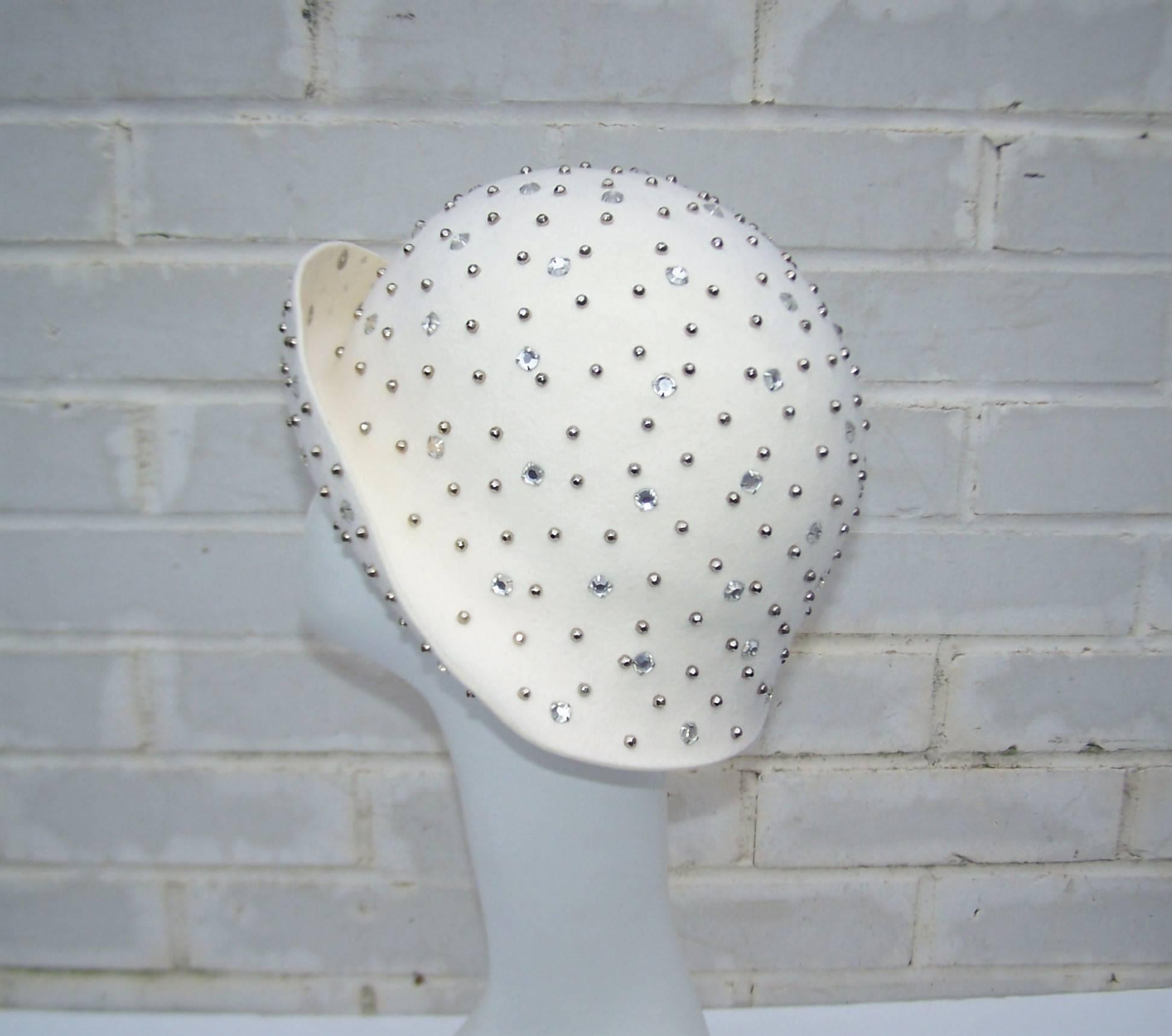 1970's Adolfo II Flapper Style Hat With Studs & Rhinestones In Excellent Condition In Atlanta, GA