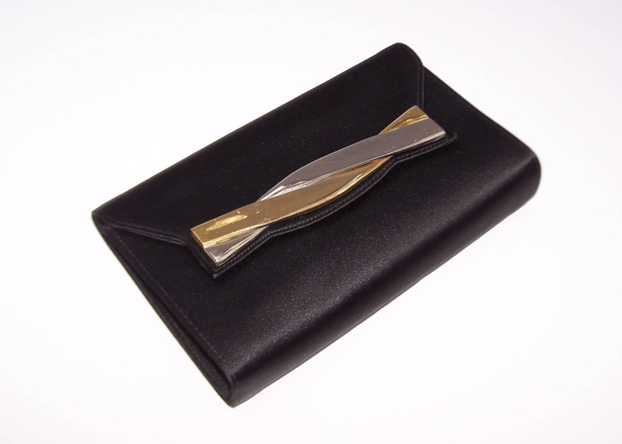 C.1960 Salvatore Ferragamo Black Satin Envelope Clutch 2