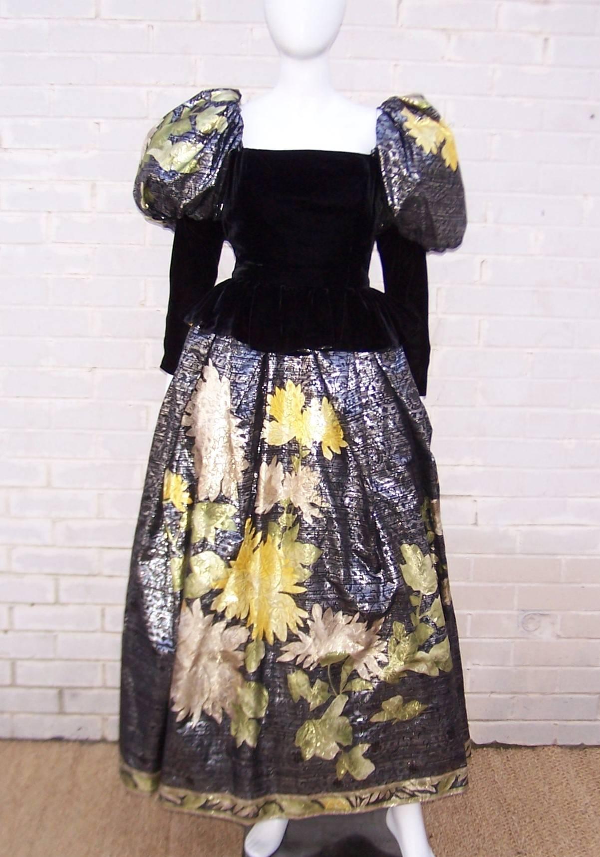 1980's Leonard Black Velvet &  Metallic Silk Evening Gown  In Excellent Condition In Atlanta, GA