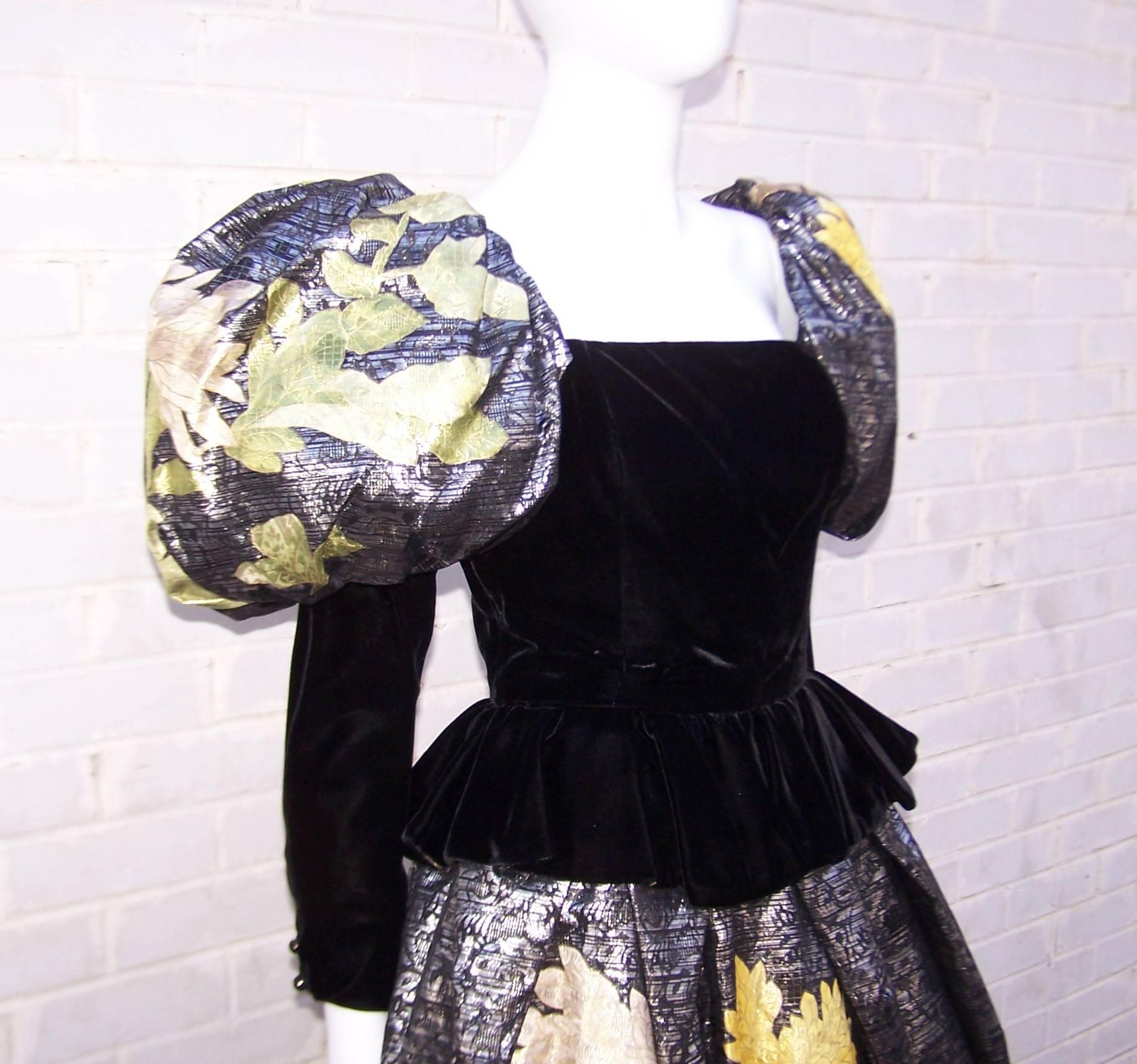 1980's Leonard Black Velvet &  Metallic Silk Evening Gown  2