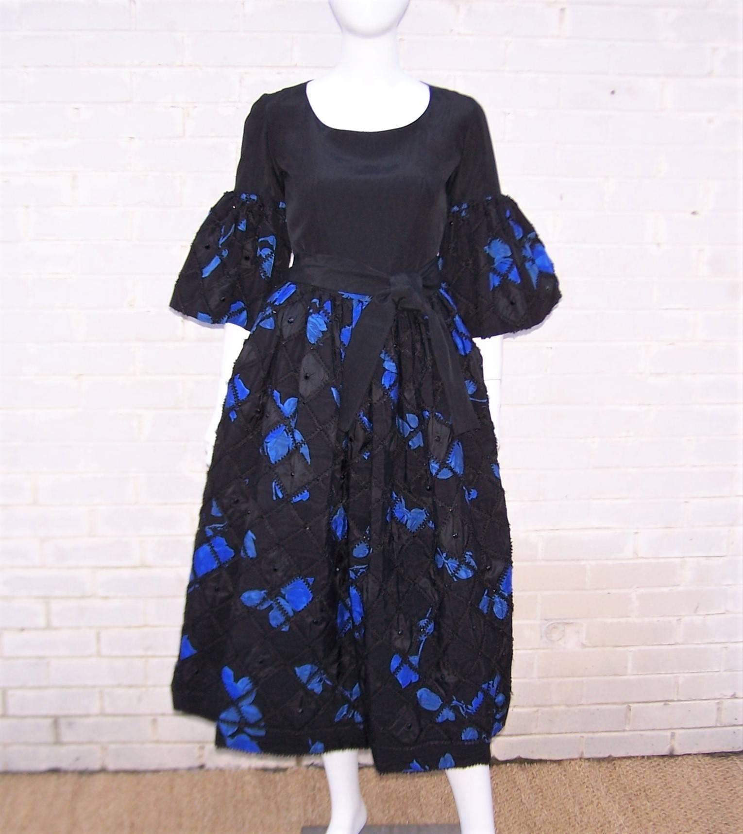 1970's Adolfo Two Piece Electric Blue & Black Peasant Dress  In Excellent Condition In Atlanta, GA