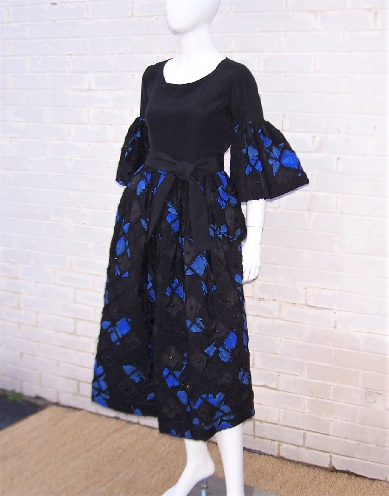 Women's 1970's Adolfo Two Piece Electric Blue & Black Peasant Dress 
