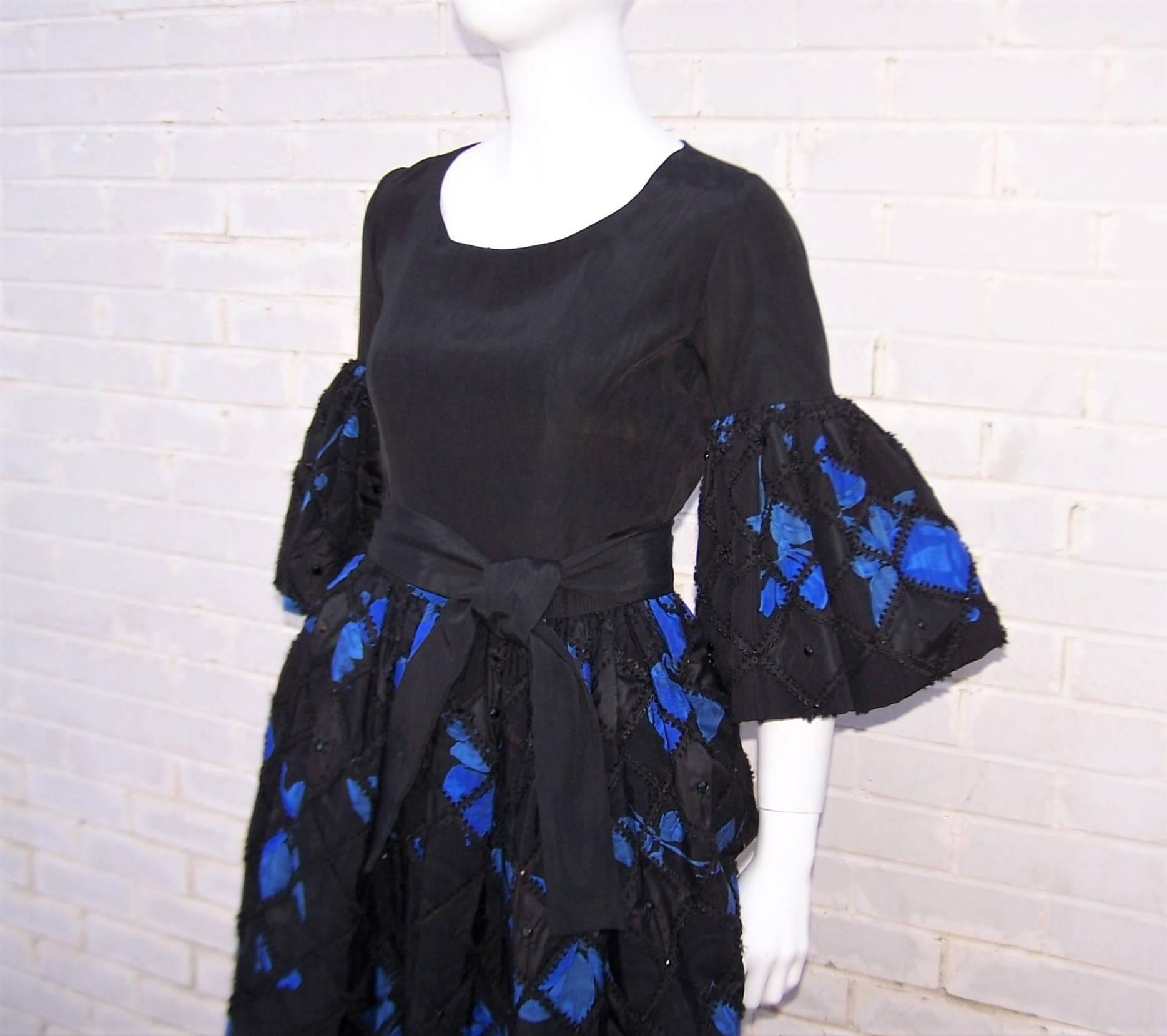 1970's Adolfo Two Piece Electric Blue & Black Peasant Dress  1