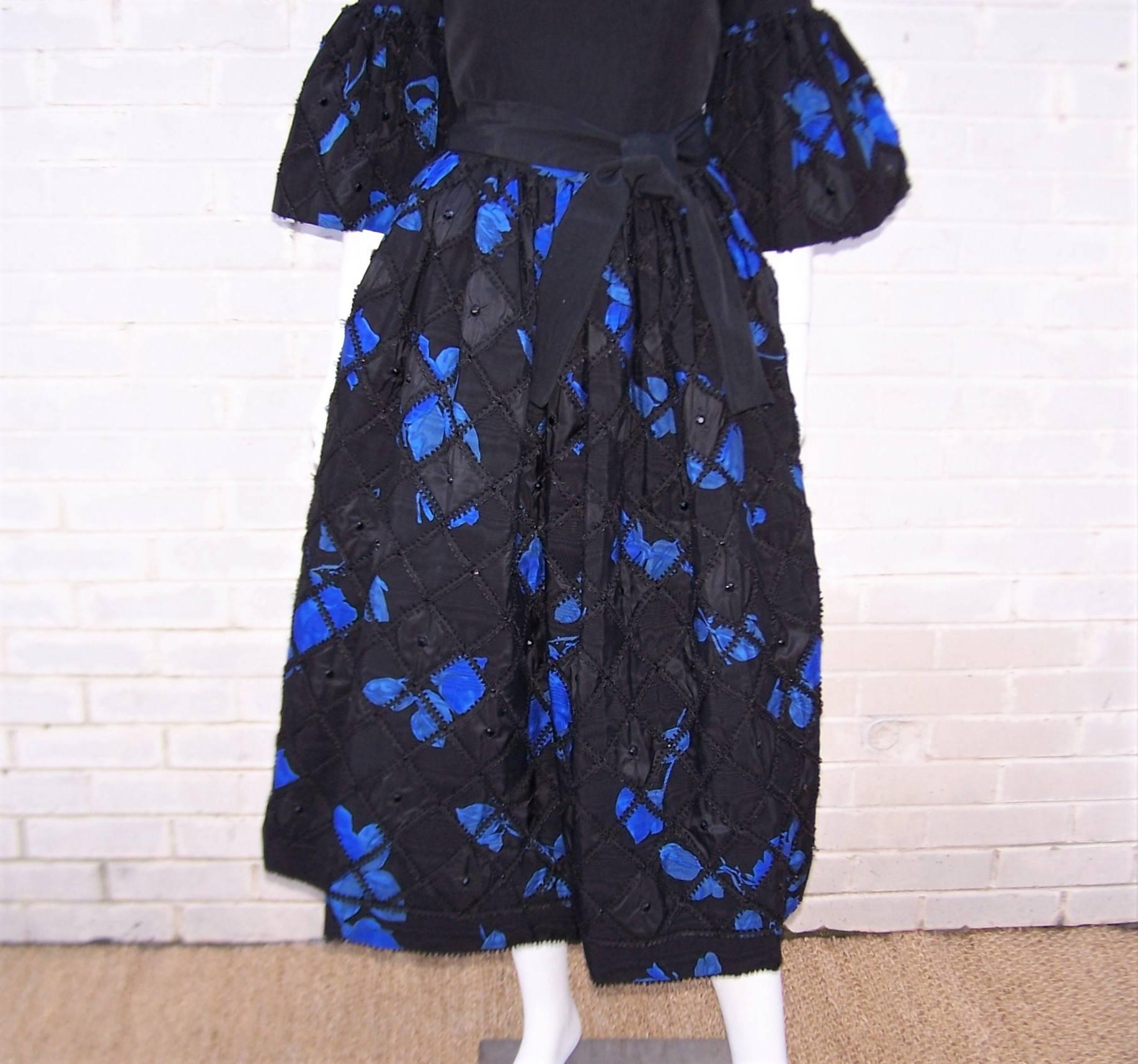 1970's Adolfo Two Piece Electric Blue & Black Peasant Dress  2
