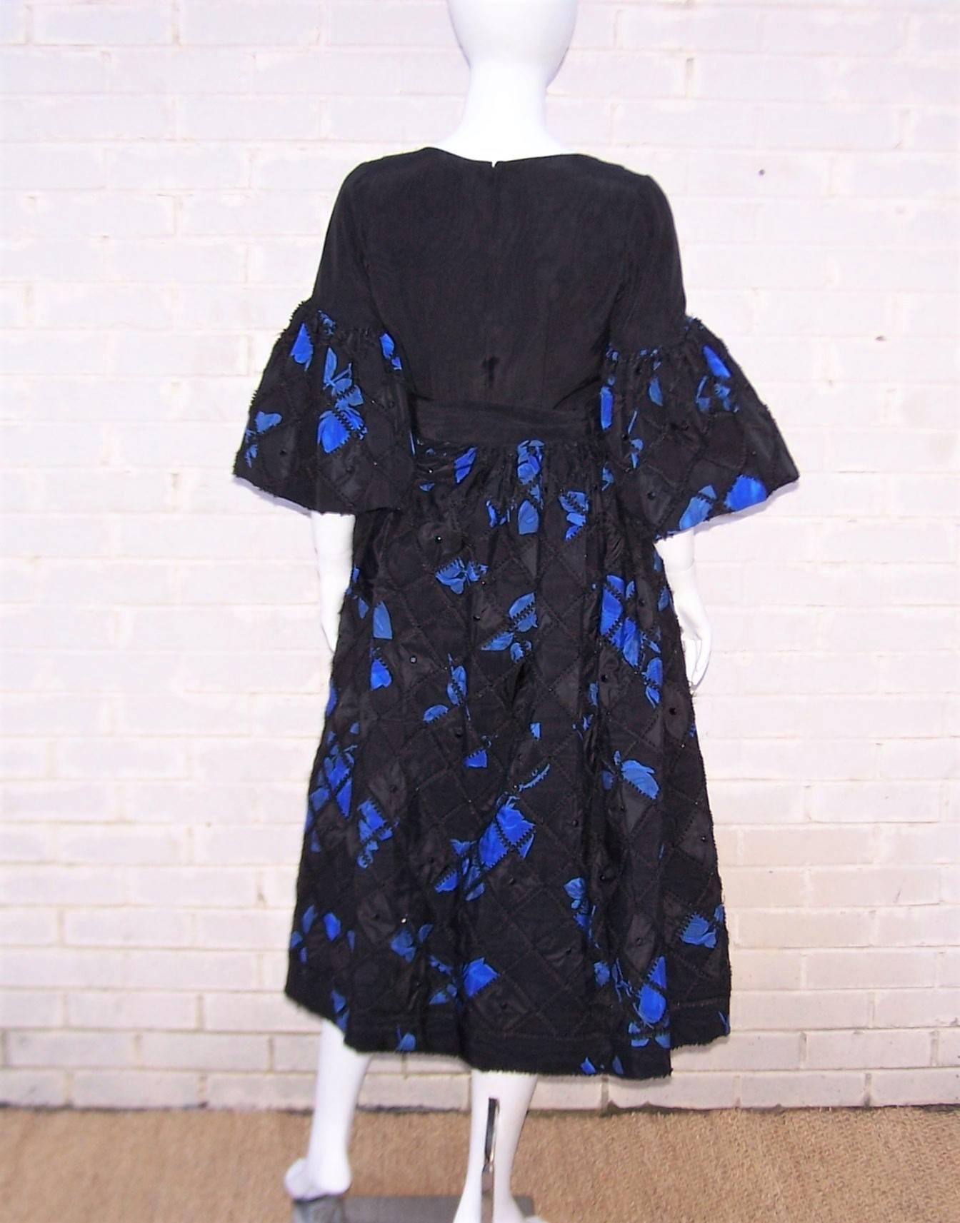 1970's Adolfo Two Piece Electric Blue & Black Peasant Dress  5