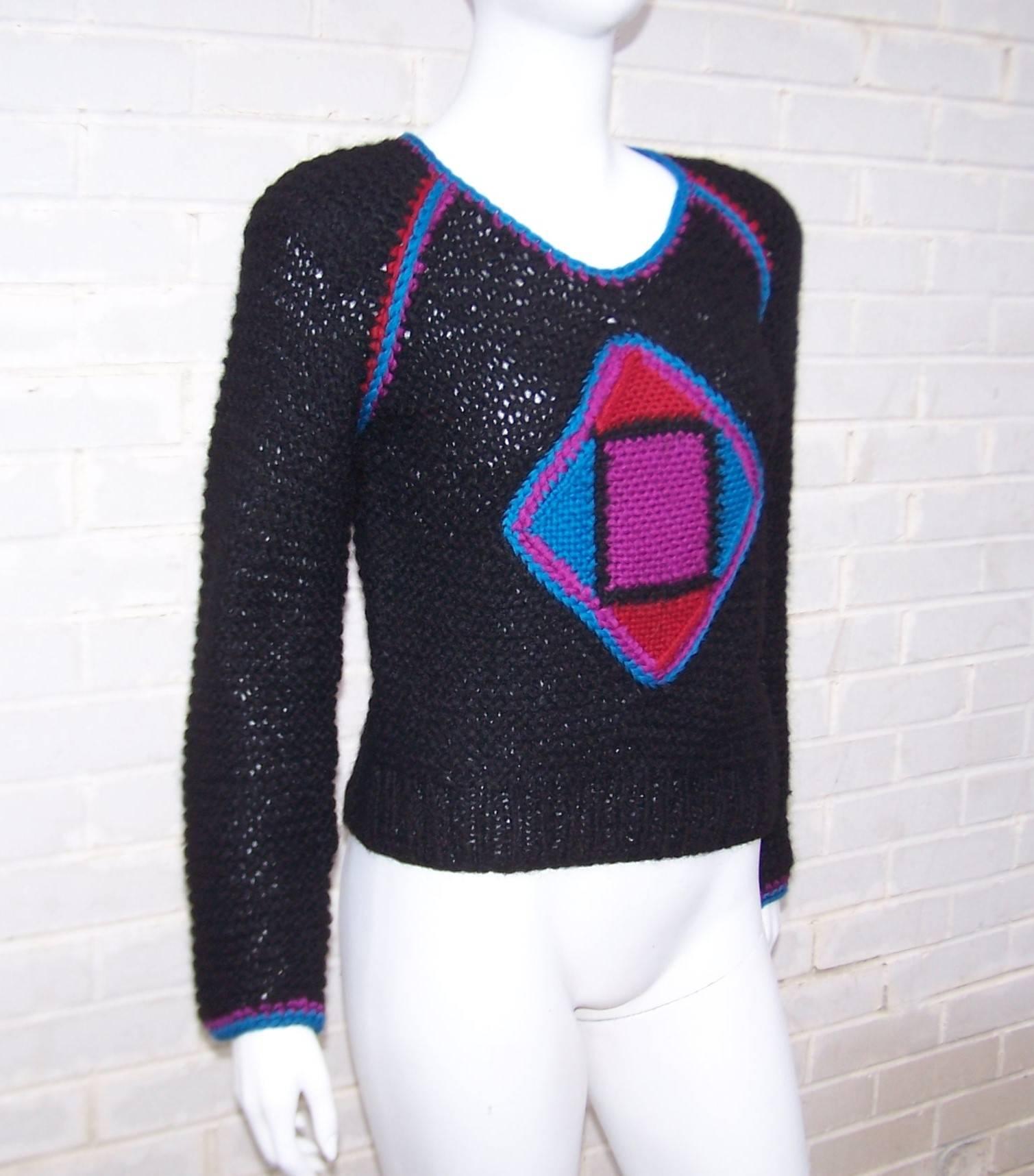 Bold C.1980 Geometric Hand Knit Black Wool Sweater In Excellent Condition In Atlanta, GA