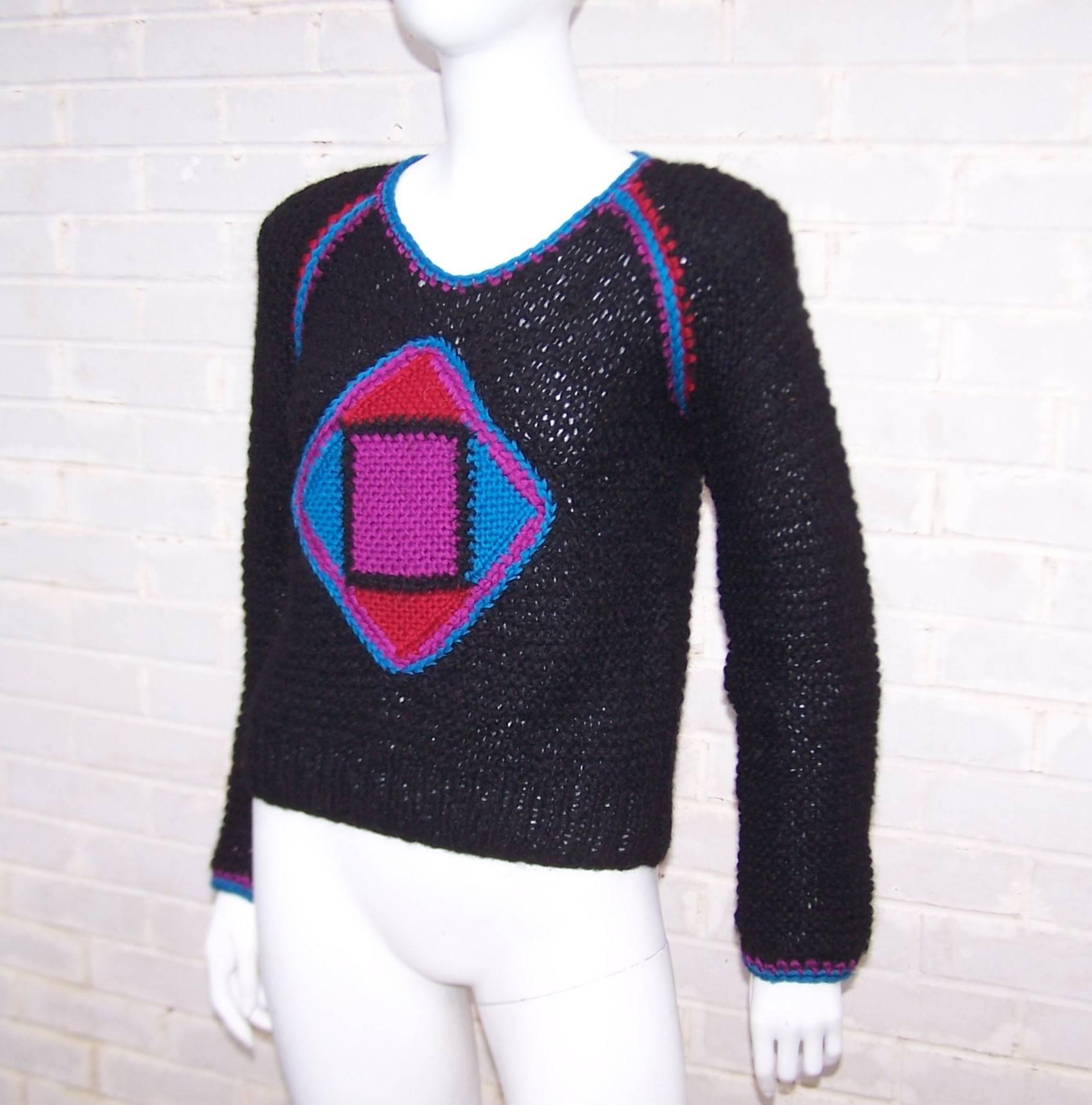 Women's Bold C.1980 Geometric Hand Knit Black Wool Sweater