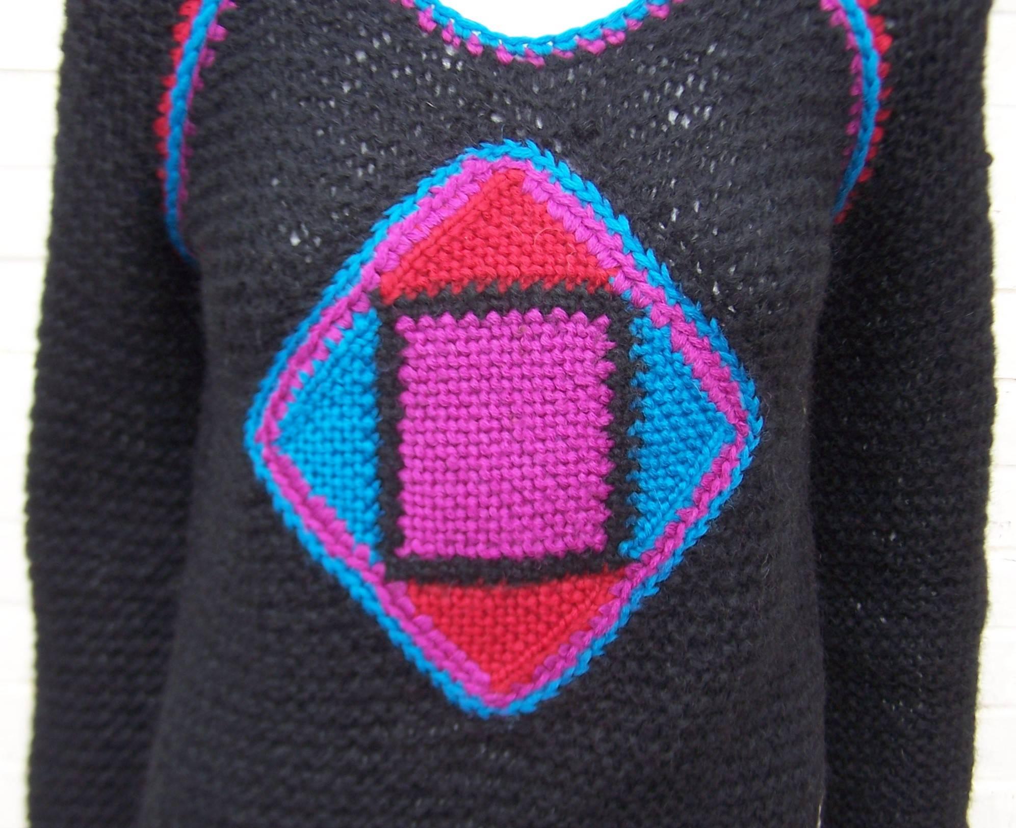 Bold C.1980 Geometric Hand Knit Black Wool Sweater 1
