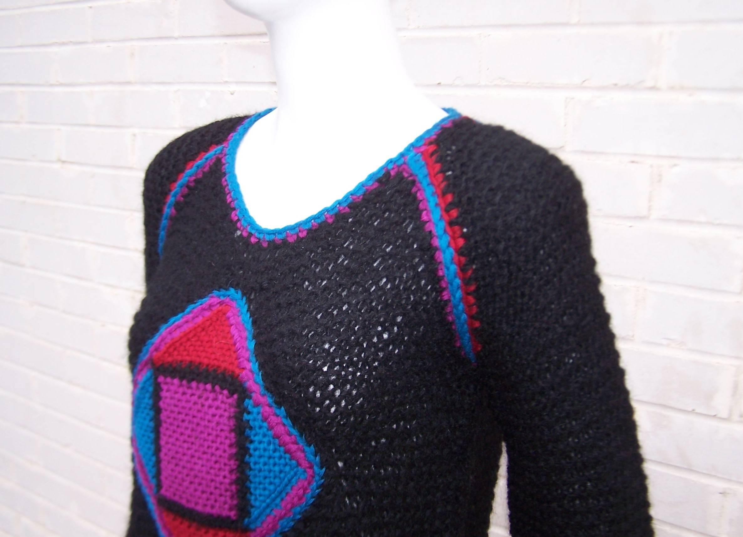 Bold C.1980 Geometric Hand Knit Black Wool Sweater 2