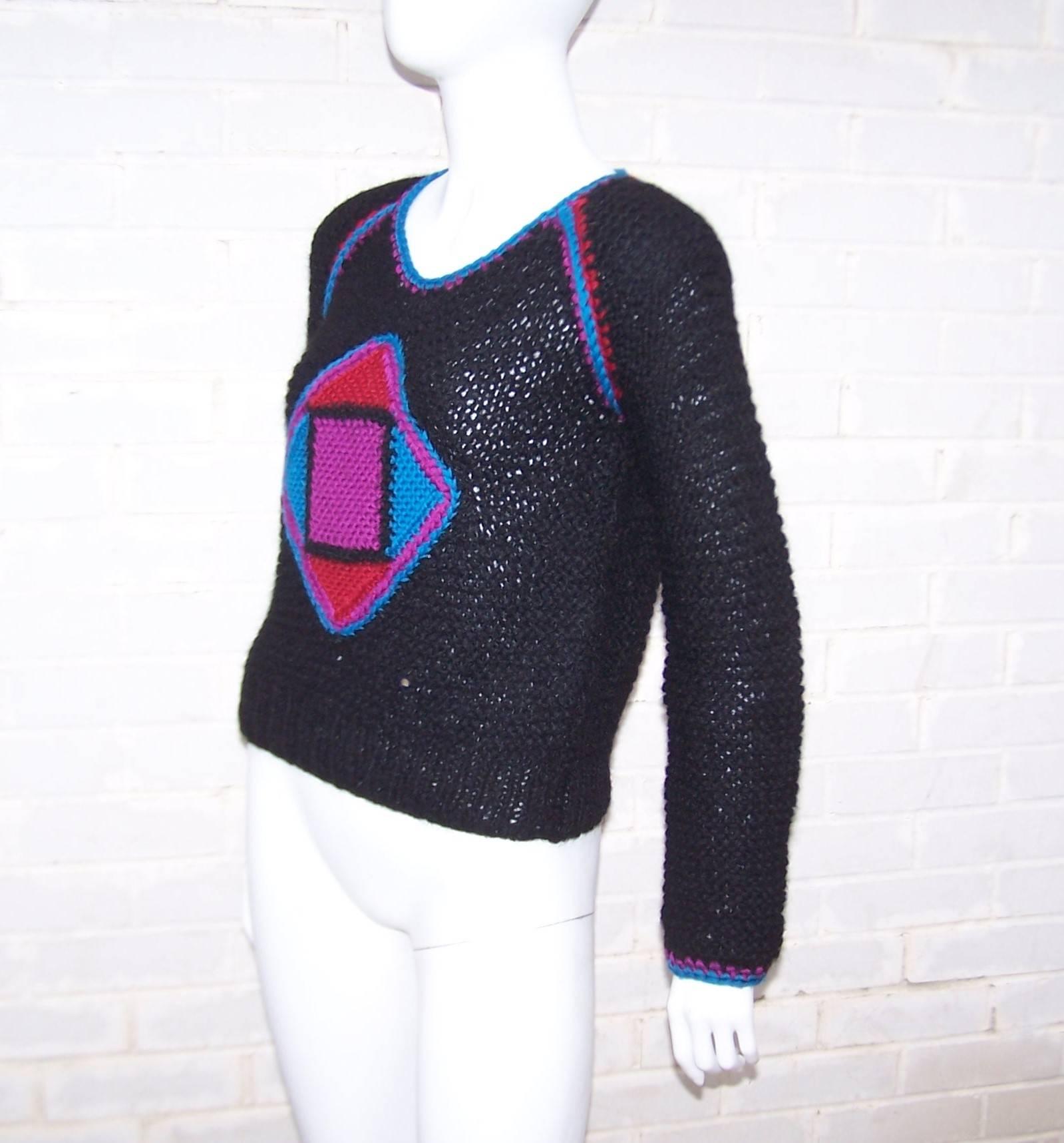 Bold C.1980 Geometric Hand Knit Black Wool Sweater 3