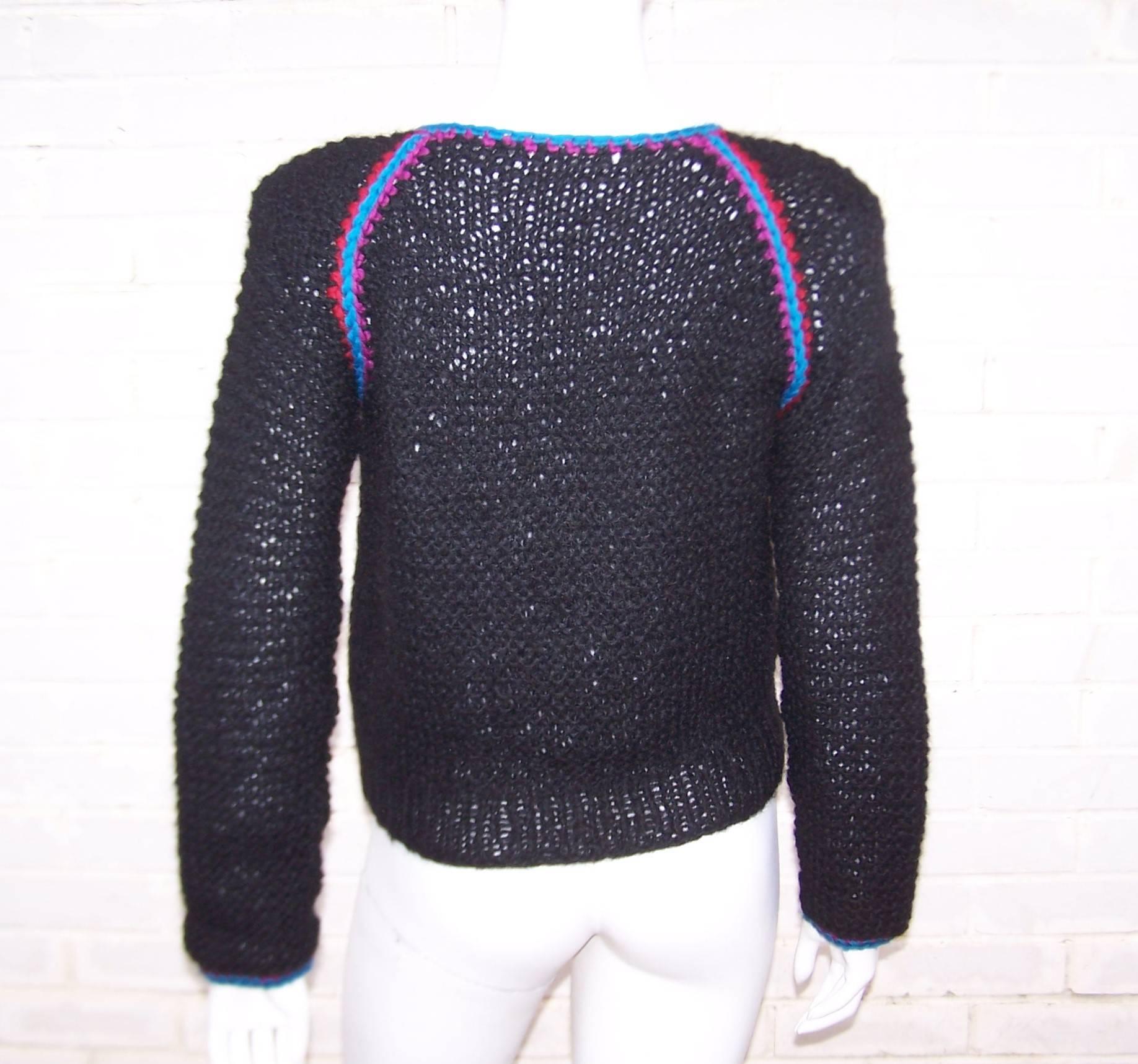 Bold C.1980 Geometric Hand Knit Black Wool Sweater 5