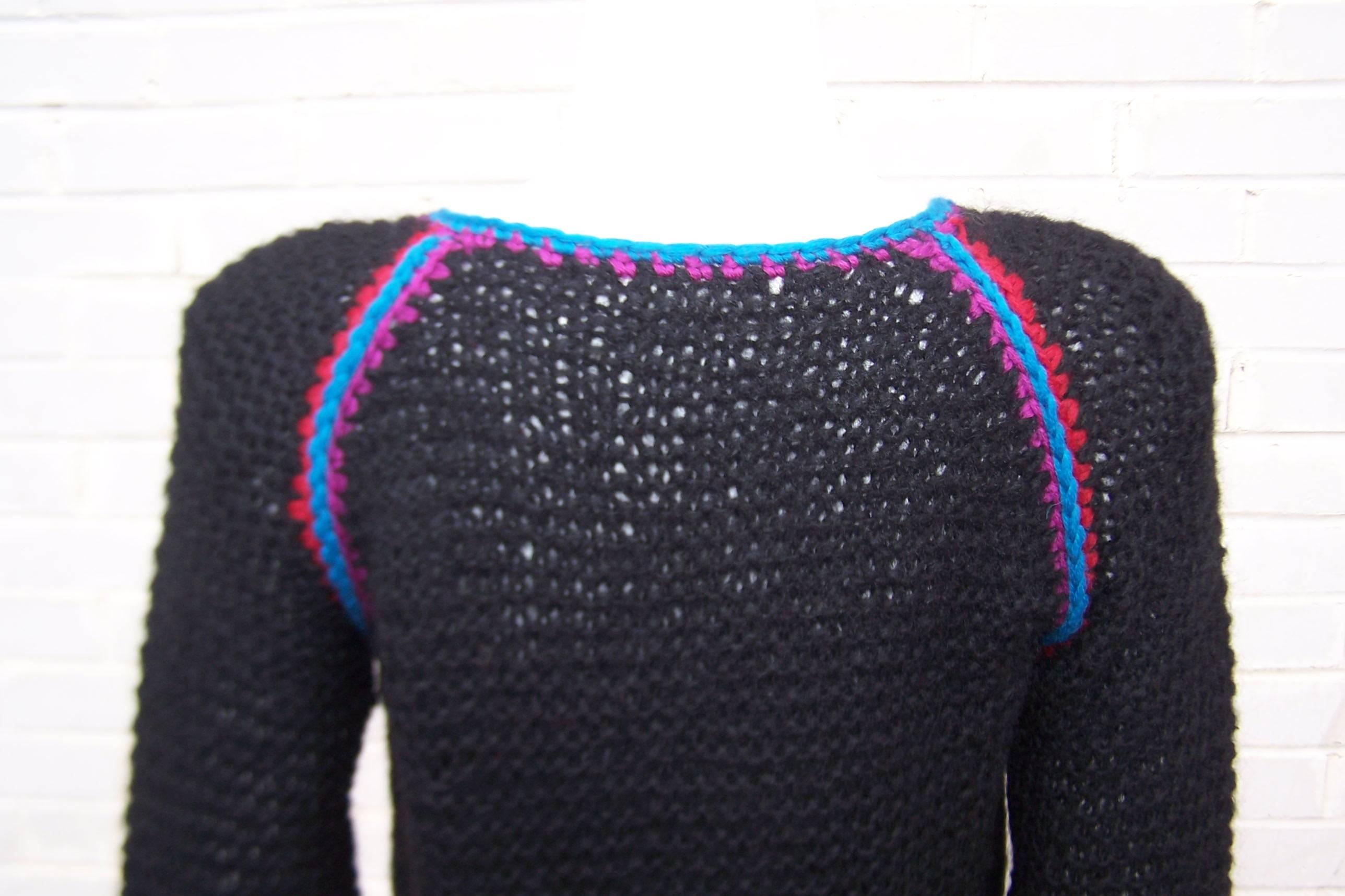Bold C.1980 Geometric Hand Knit Black Wool Sweater 6