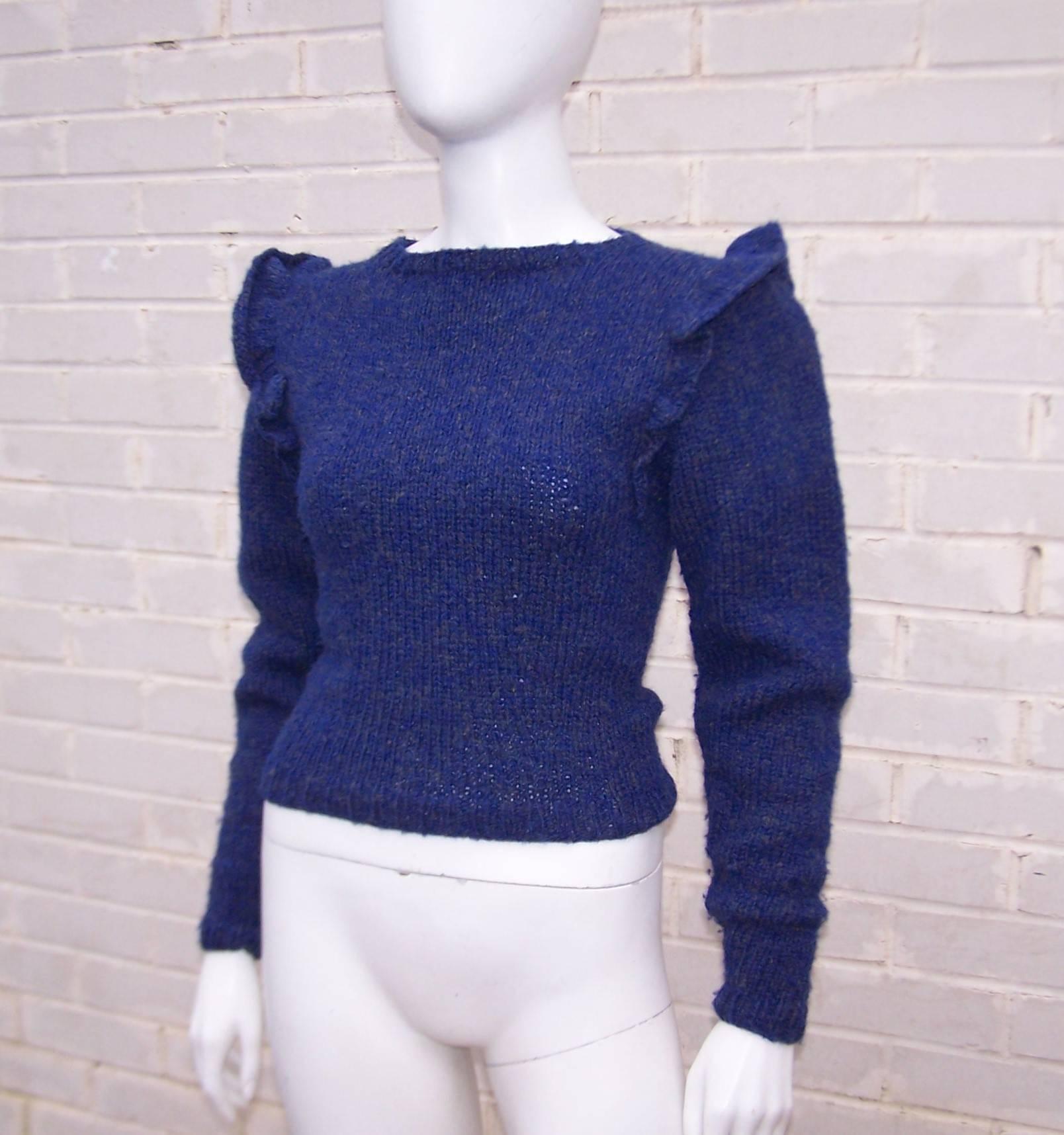 Women's C.1980 Perry Ellis Lapis Blue Hand Knitted Wool Sweater 