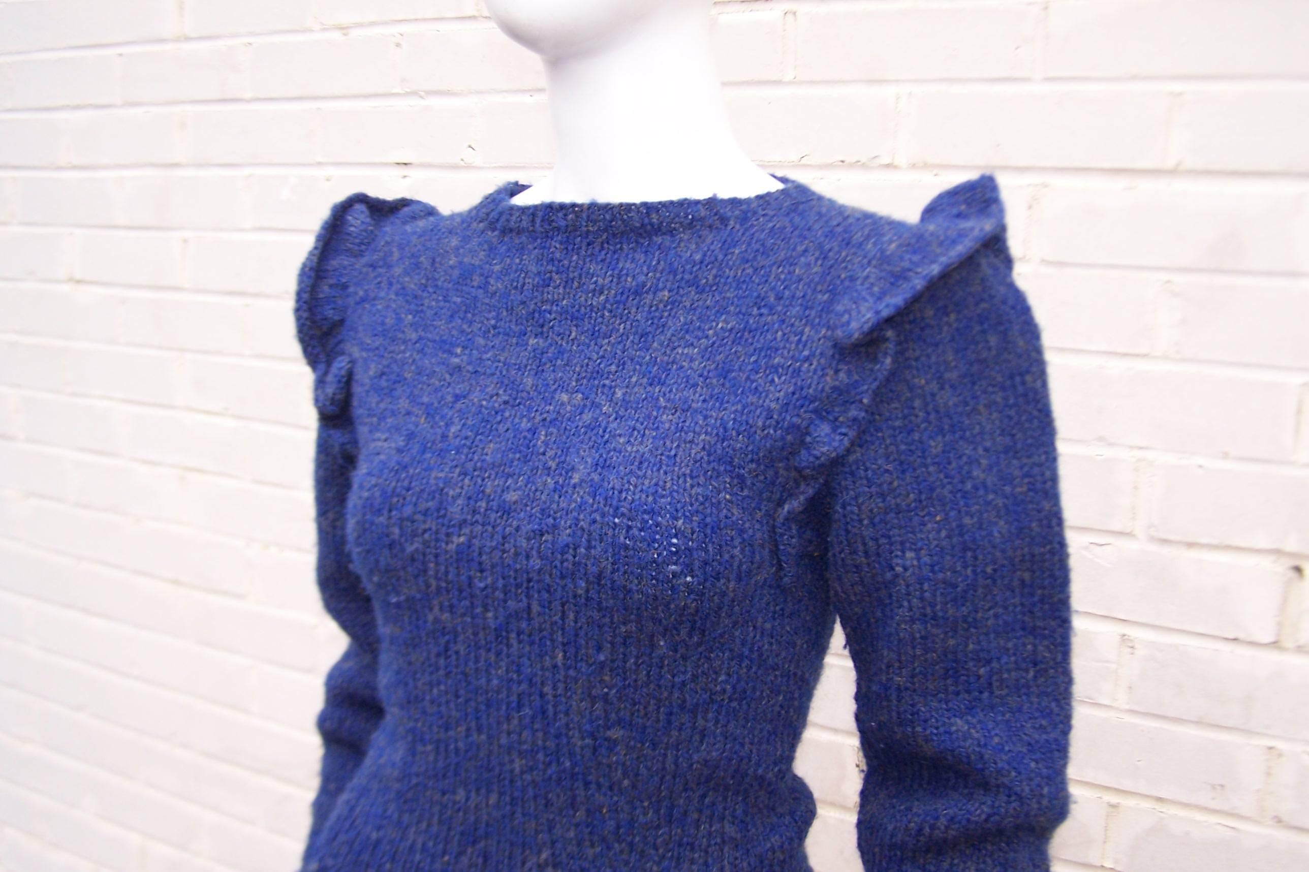 C.1980 Perry Ellis Lapis Blue Hand Knitted Wool Sweater  1