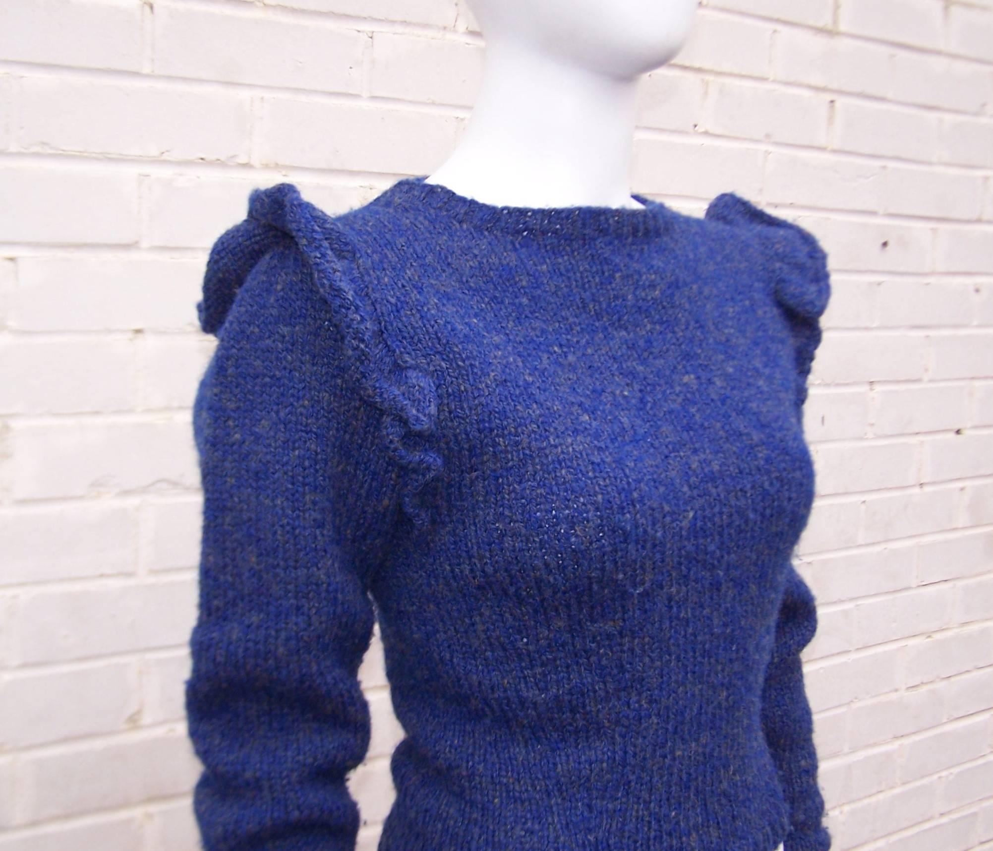 C.1980 Perry Ellis Lapis Blue Hand Knitted Wool Sweater  In Good Condition In Atlanta, GA