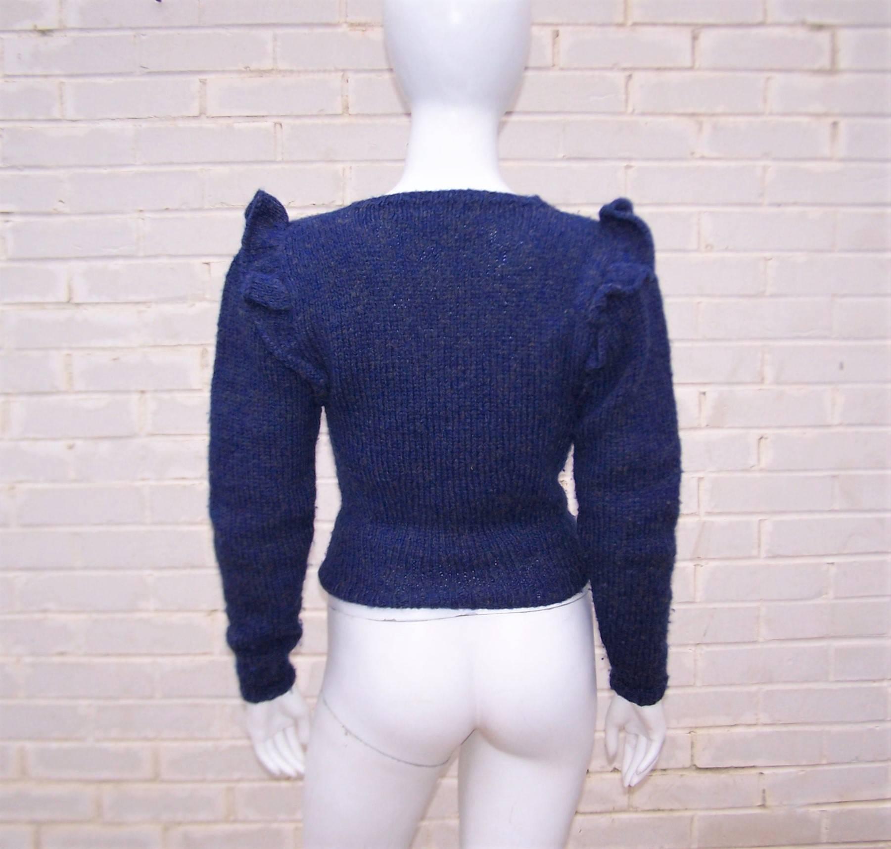 C.1980 Perry Ellis Lapis Blue Hand Knitted Wool Sweater  3