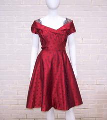 Late 1940's Adele Simpson Cherry Red & Blue Satin Party Dress