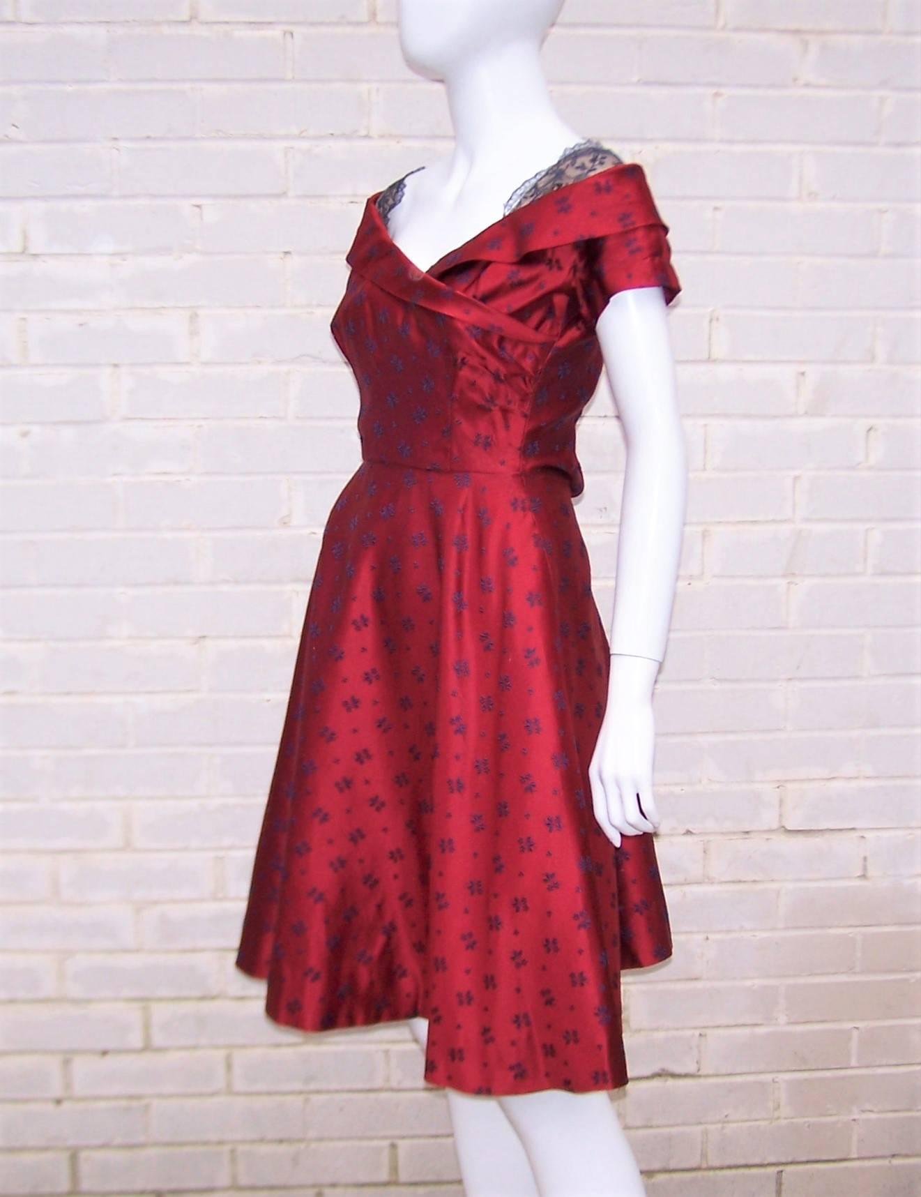 Late 1940's Adele Simpson Cherry Red & Blue Satin Party Dress In Good Condition In Atlanta, GA