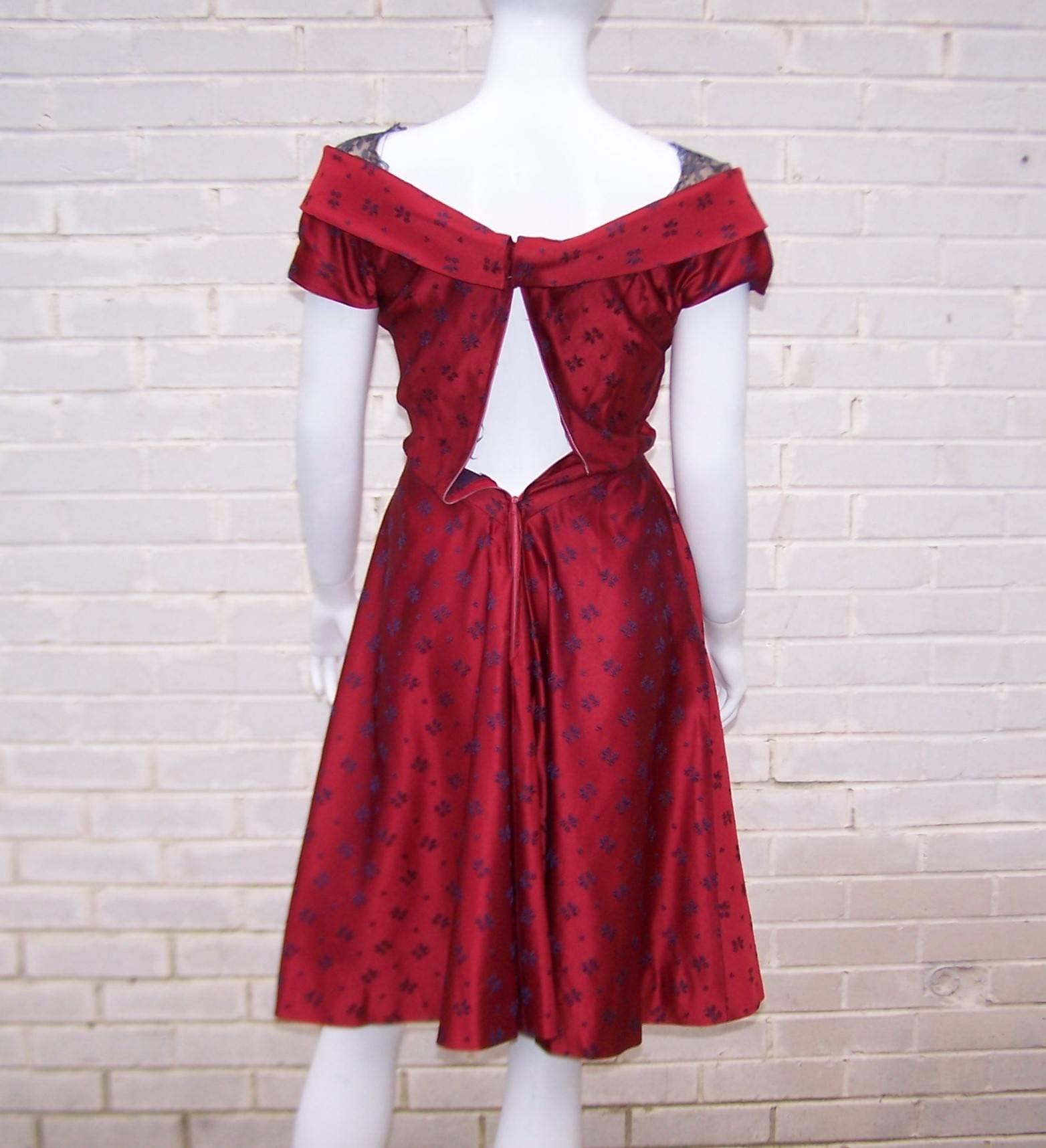 Women's Late 1940's Adele Simpson Cherry Red & Blue Satin Party Dress