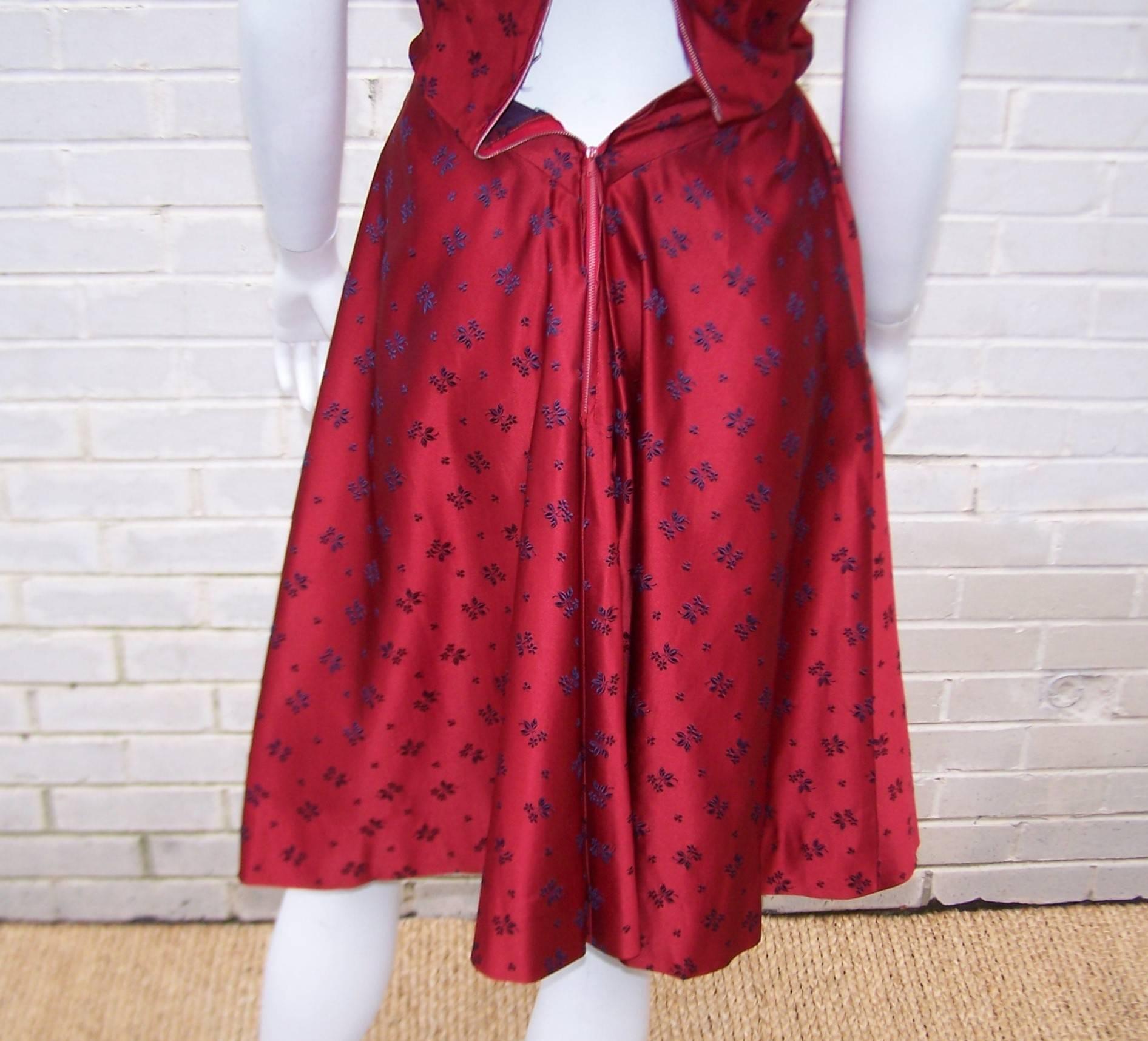 Late 1940's Adele Simpson Cherry Red & Blue Satin Party Dress 1