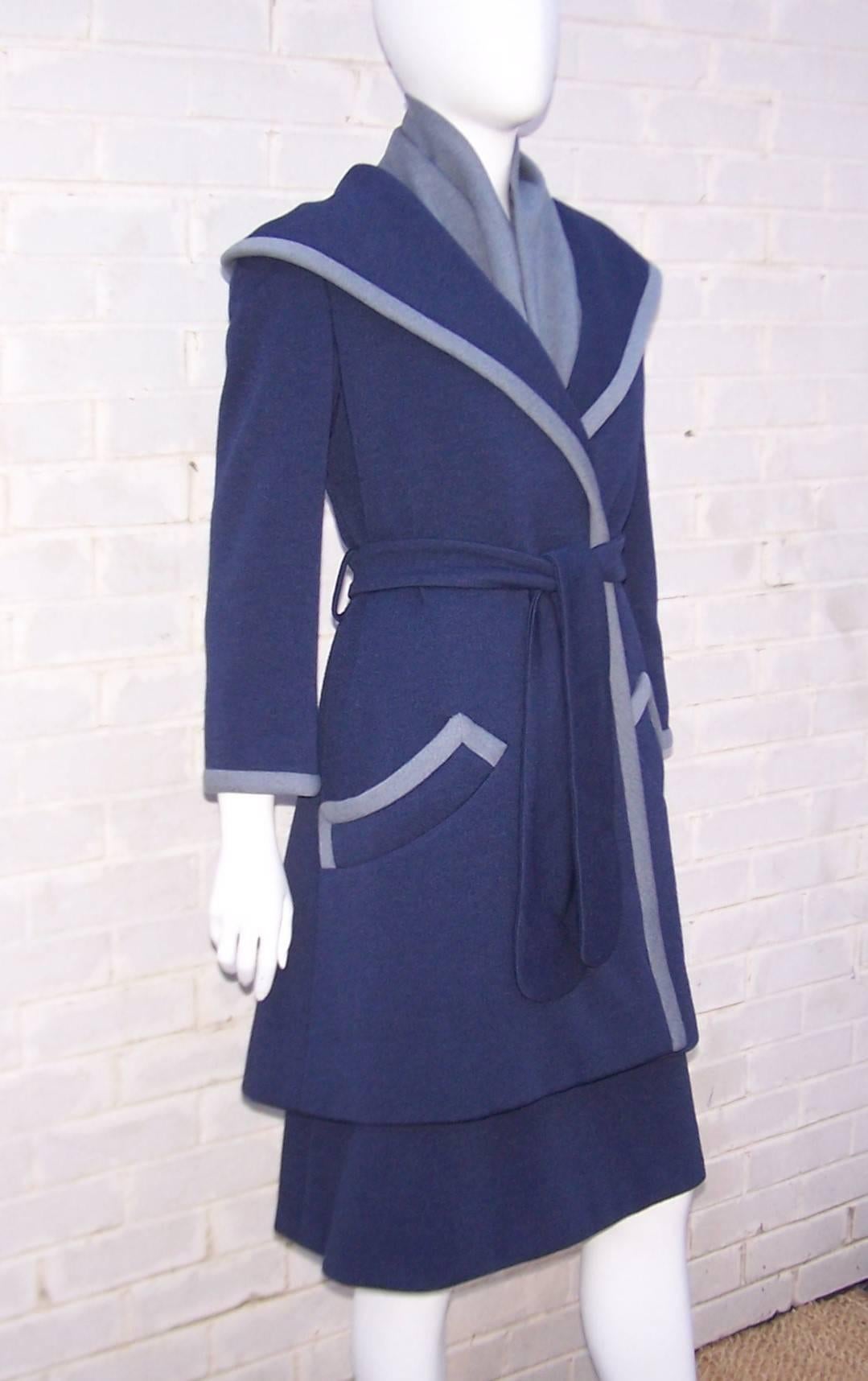 It is a thrill to see this 1960's Geoffrey Beene ensemble in its entirety which includes a dress with belt, a jacket/coat with sash and a neck scarf.  Lots of parts ... lots of looks!  All pieces are made from a heavy weight wool knit in
