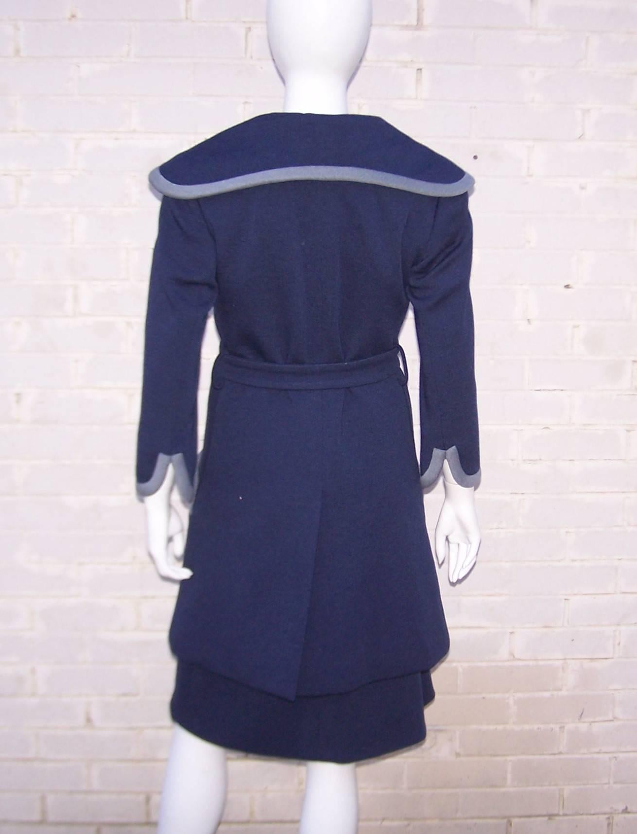 Women's Outstanding 1960's Geoffrey Beene Blue & Gray Dress & Coat Ensemble