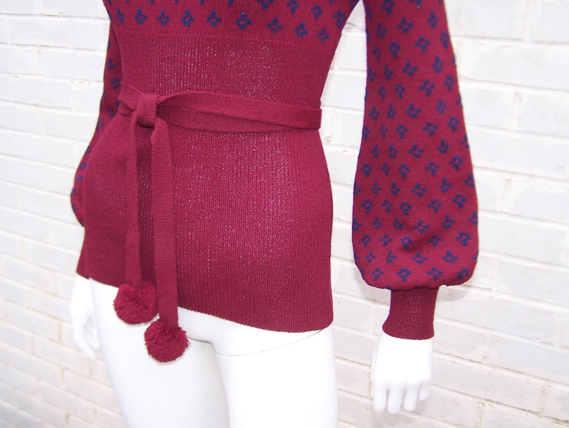 Women's 1970's Saks Fifth Avenue Knitwear Top With Pom Pom Belt