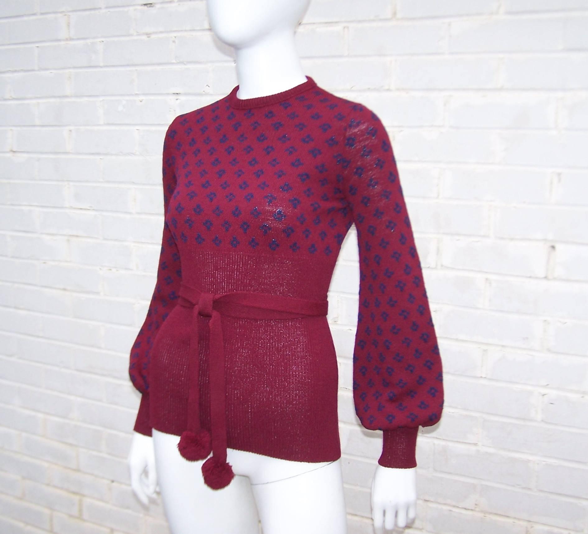 1970's Saks Fifth Avenue Knitwear Top With Pom Pom Belt 1