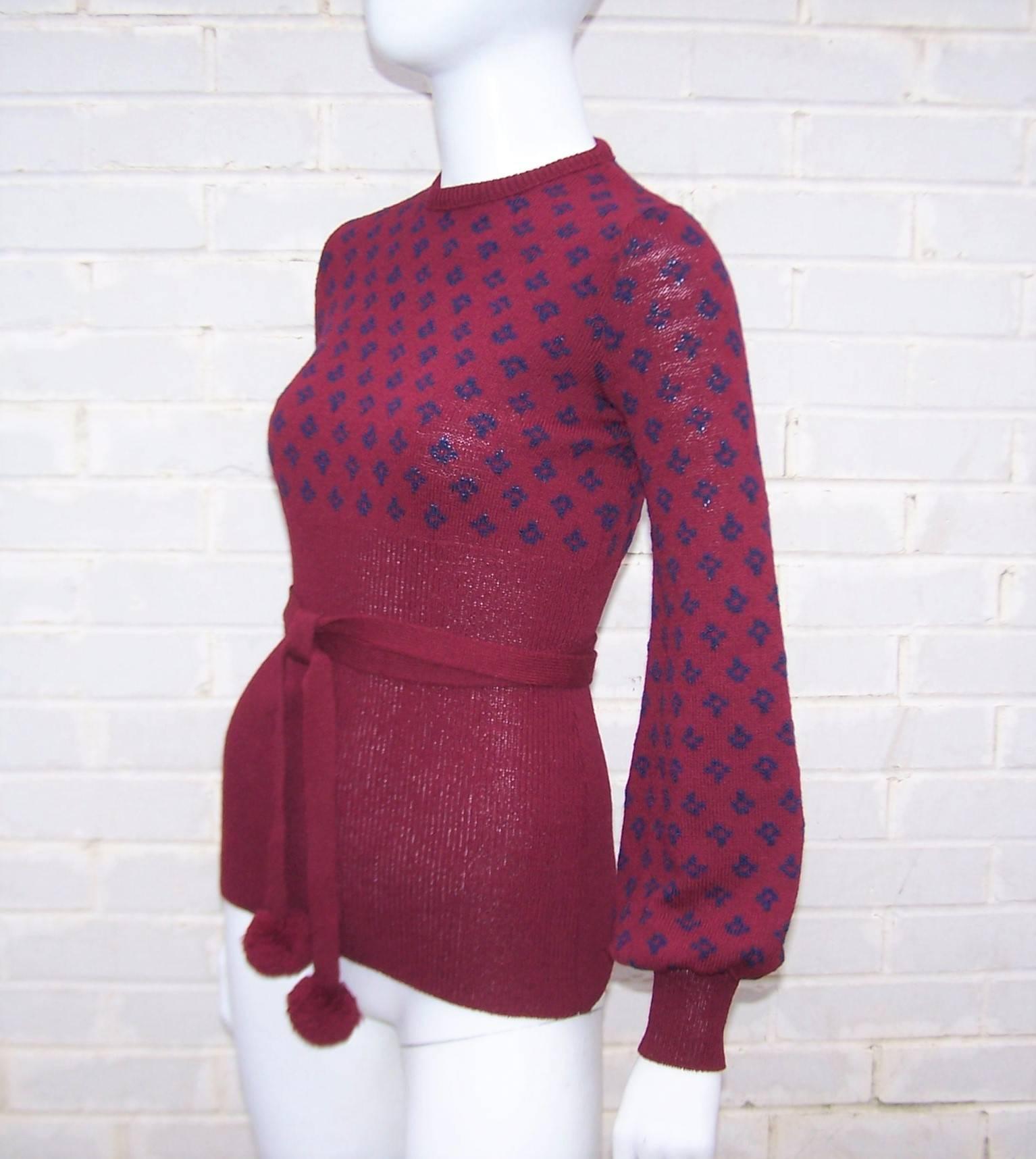 1970's Saks Fifth Avenue Knitwear Top With Pom Pom Belt 2