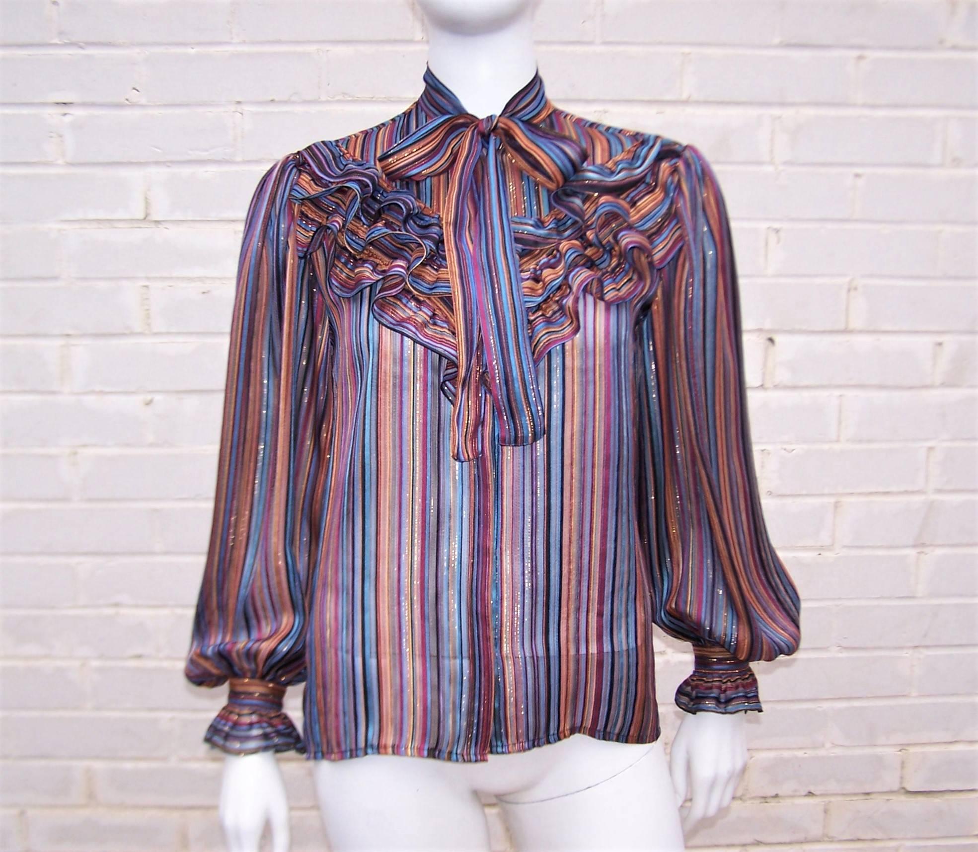 Glam 1970's John Yang for Jack Mulqueen Sheer Striped Silk Blouse at ...