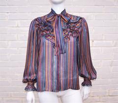 Glam 1970's John Yang for Jack Mulqueen Sheer Striped Silk Blouse