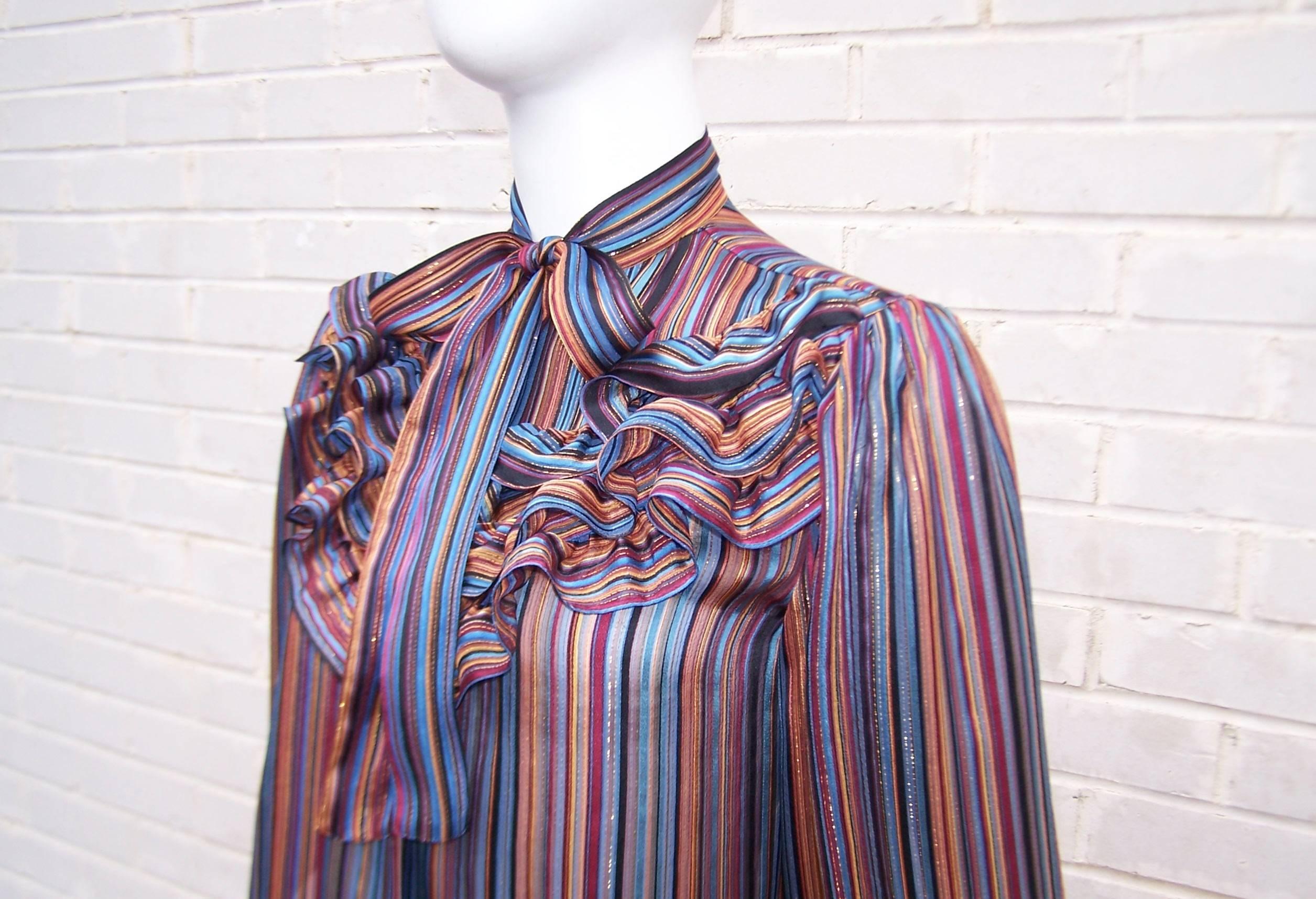 Gray Glam 1970's John Yang for Jack Mulqueen Sheer Striped Silk Blouse
