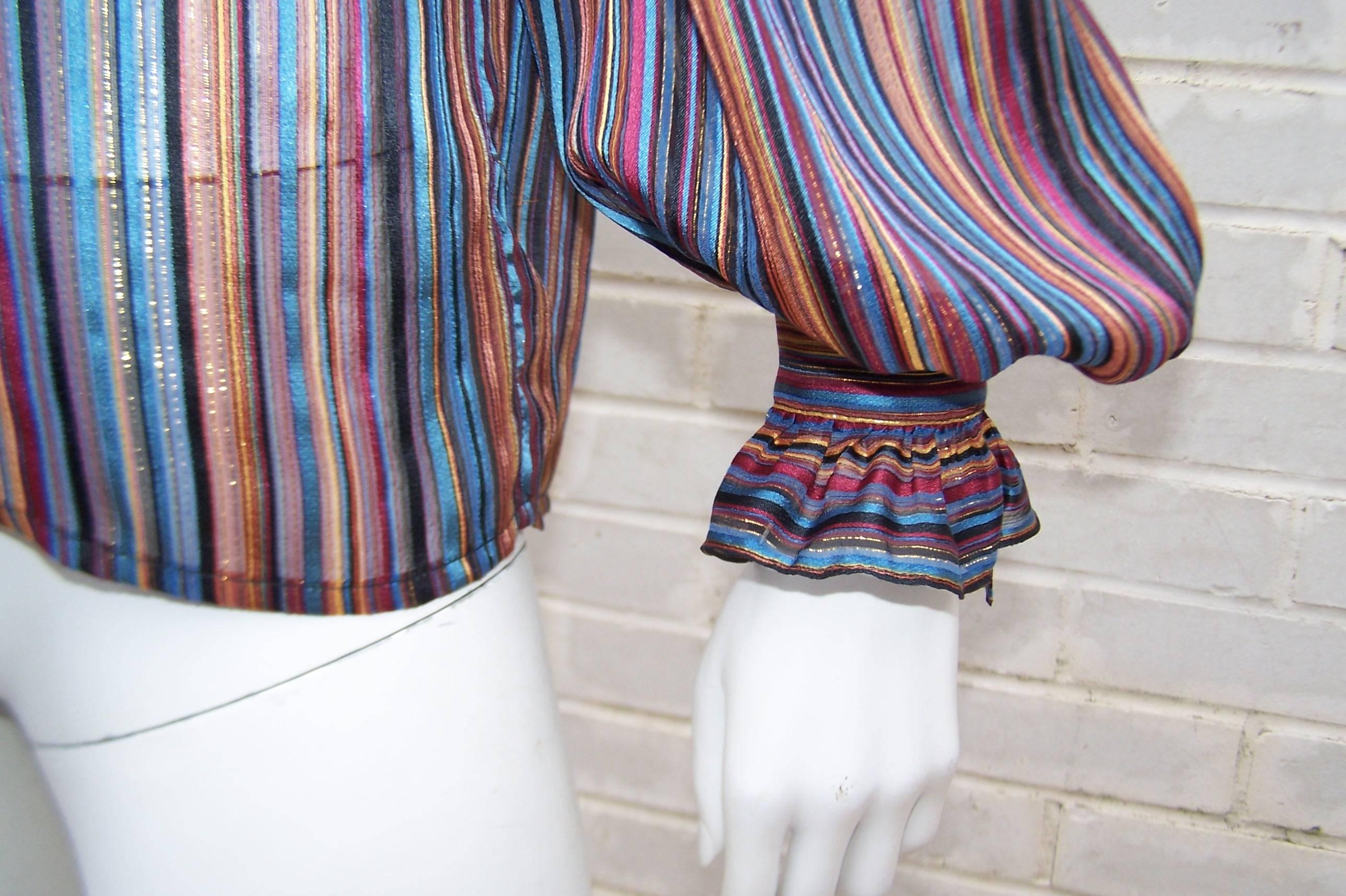 Glam 1970's John Yang for Jack Mulqueen Sheer Striped Silk Blouse In Excellent Condition In Atlanta, GA