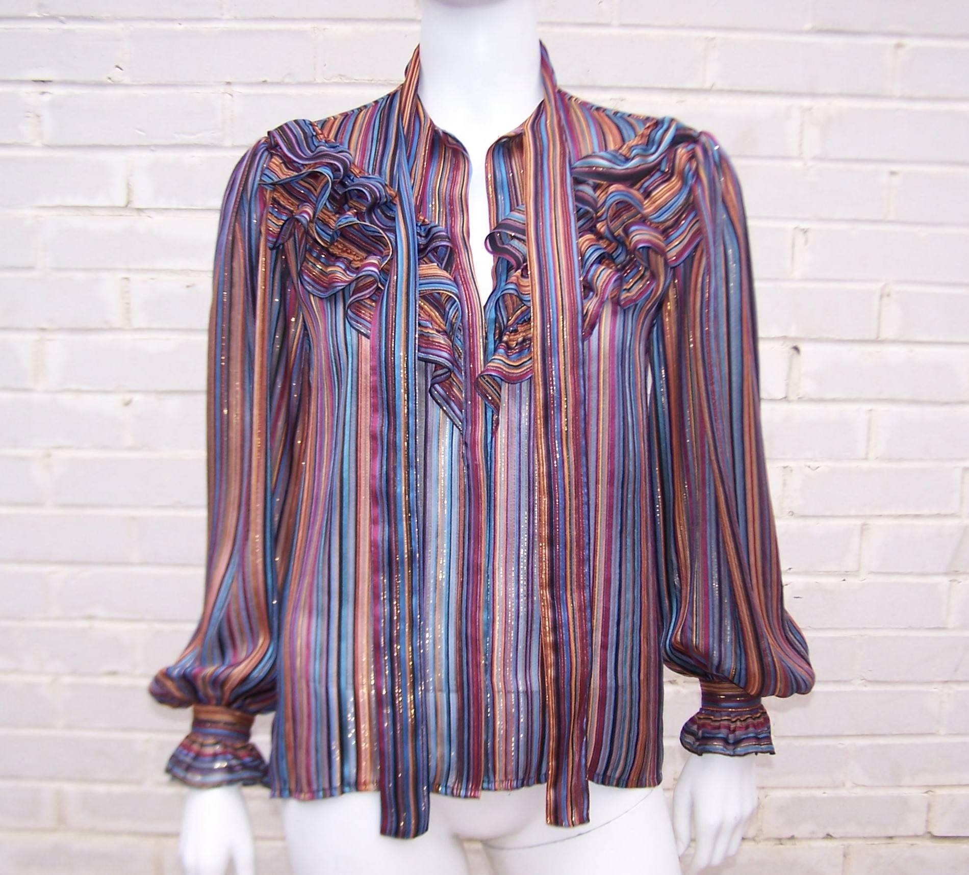 Glam 1970's John Yang for Jack Mulqueen Sheer Striped Silk Blouse 1