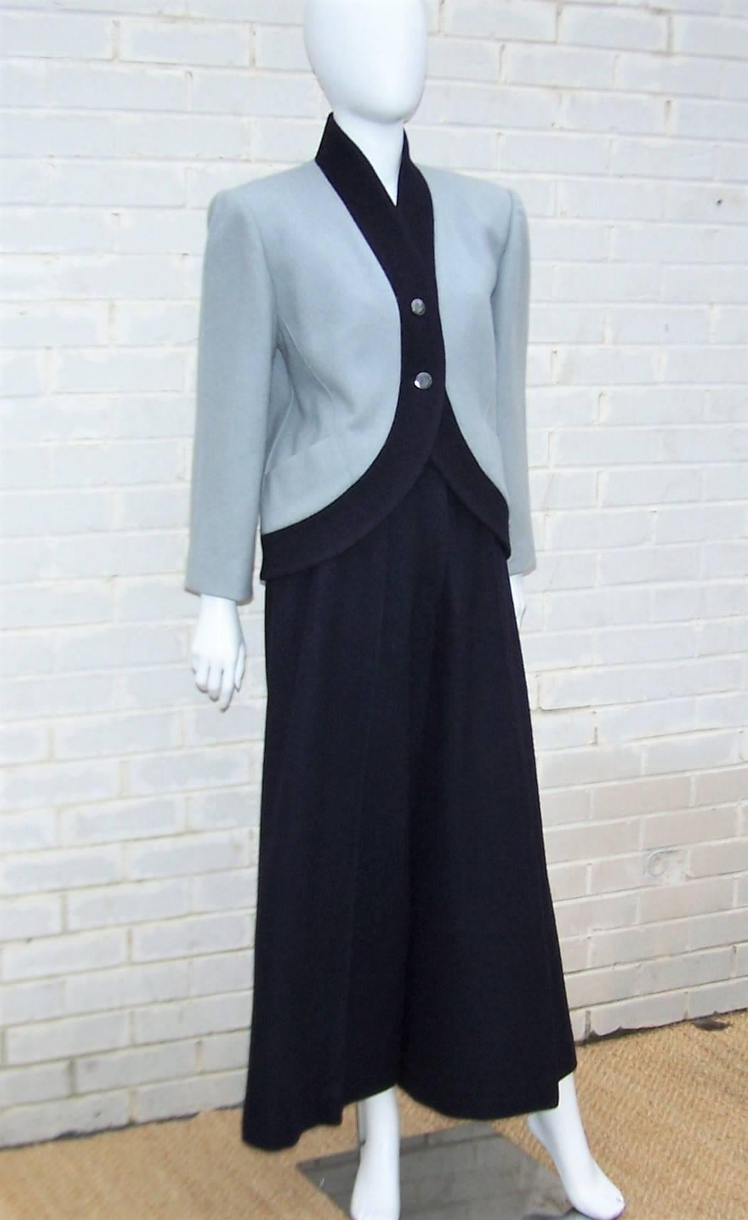Black Stylized 1980's Karl Lagerfeld Blue Wool Suit With Wide Legged Pants