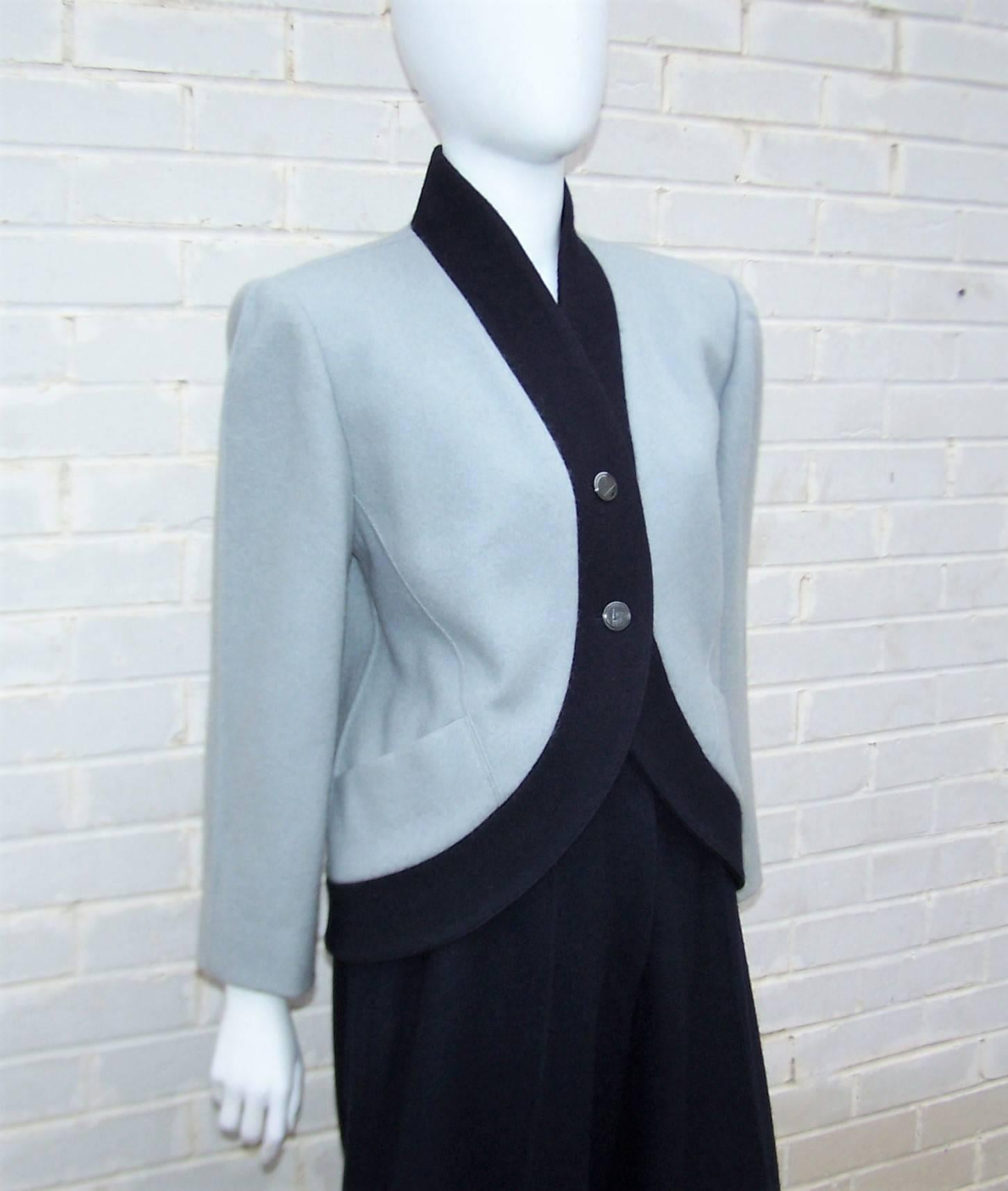 Stylized 1980's Karl Lagerfeld Blue Wool Suit With Wide Legged Pants In Excellent Condition In Atlanta, GA