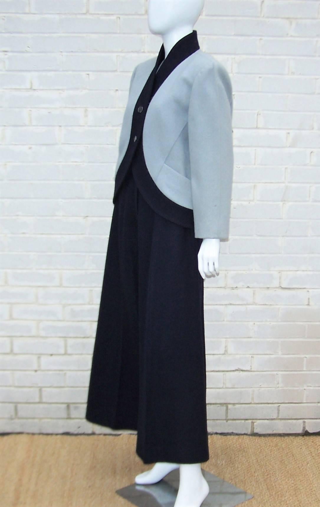 Women's Stylized 1980's Karl Lagerfeld Blue Wool Suit With Wide Legged Pants