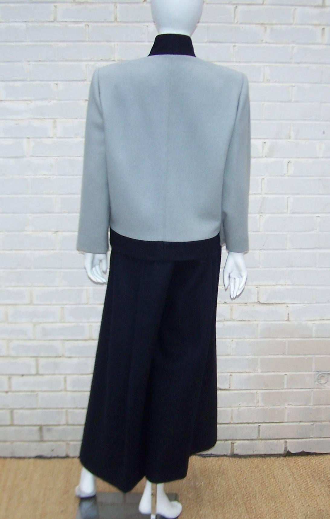 Stylized 1980's Karl Lagerfeld Blue Wool Suit With Wide Legged Pants 1