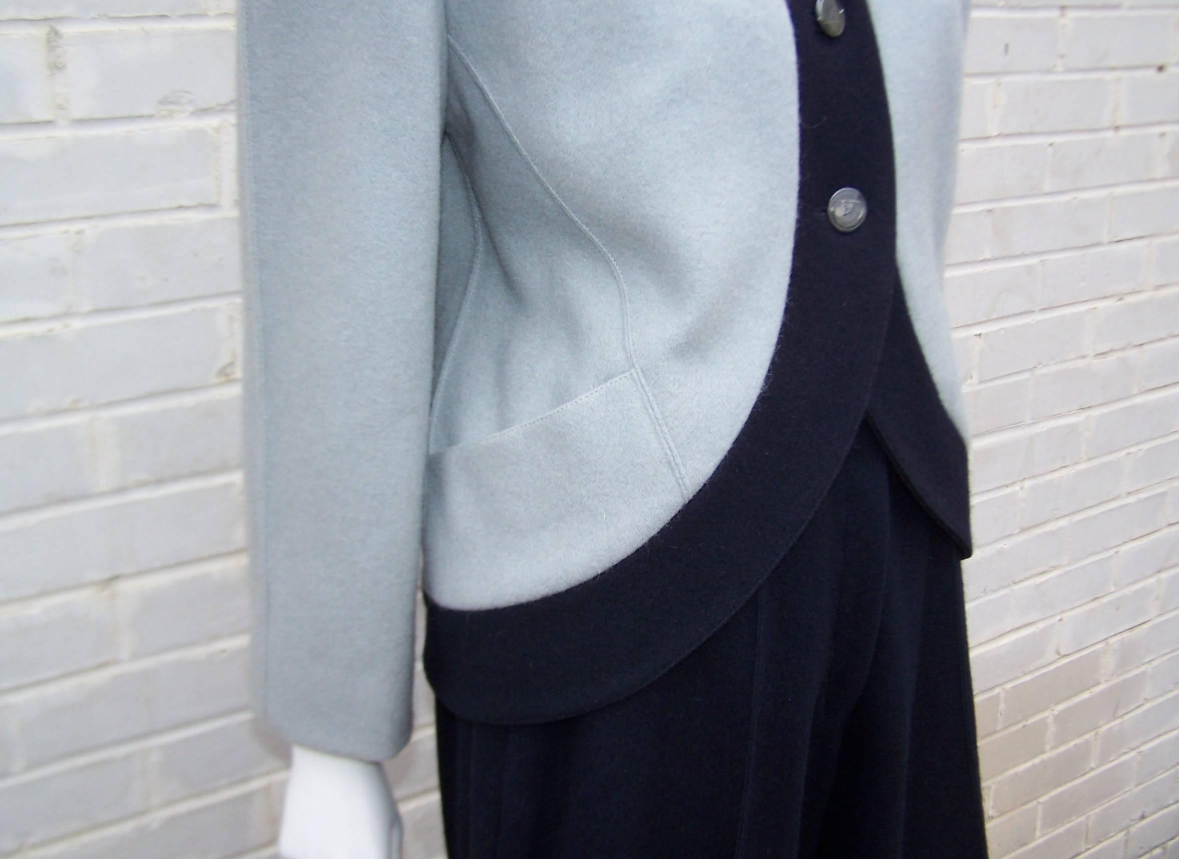 Stylized 1980's Karl Lagerfeld Blue Wool Suit With Wide Legged Pants 2