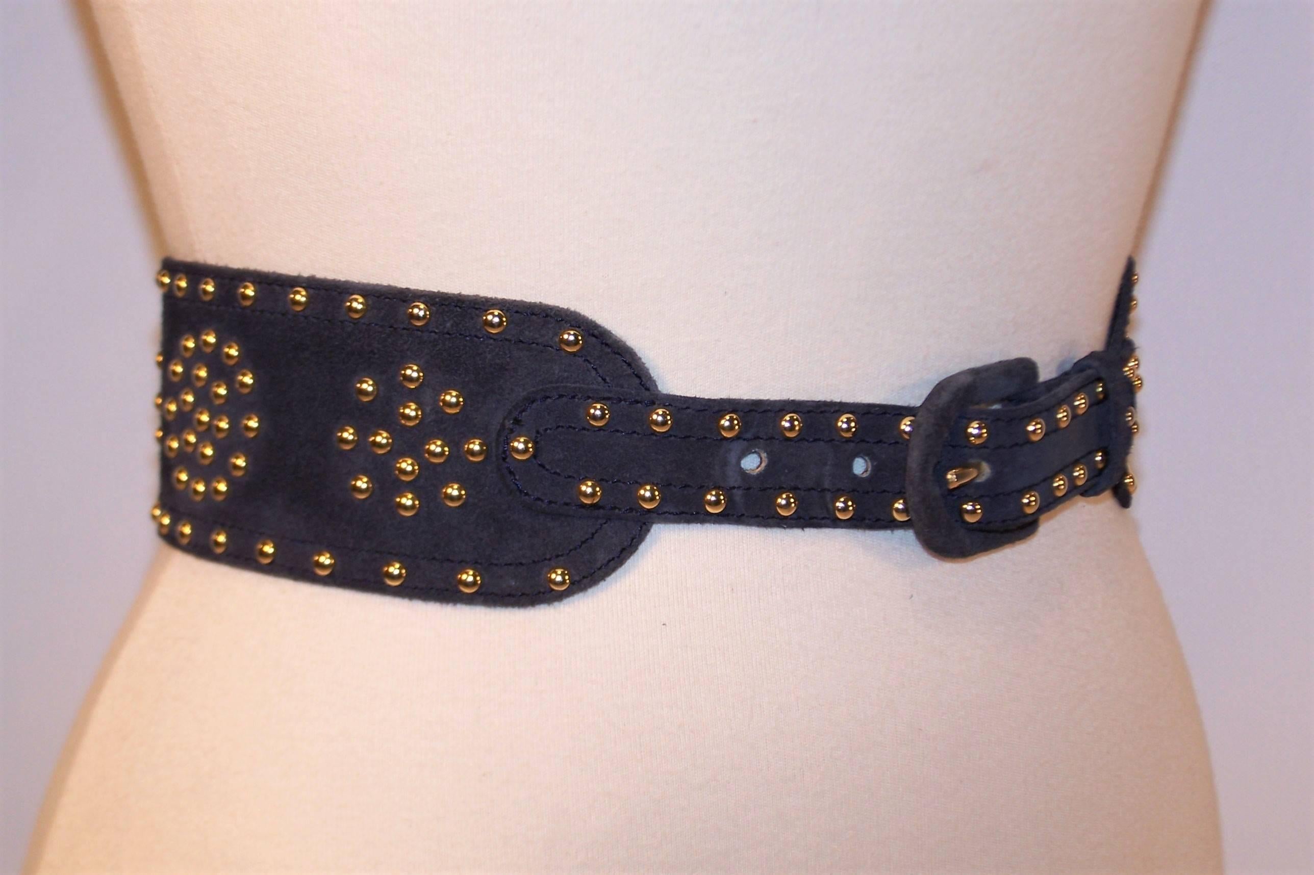 1970's Yves Saint Laurent Rive Gauche Blue Suede Studded Belt In Excellent Condition In Atlanta, GA