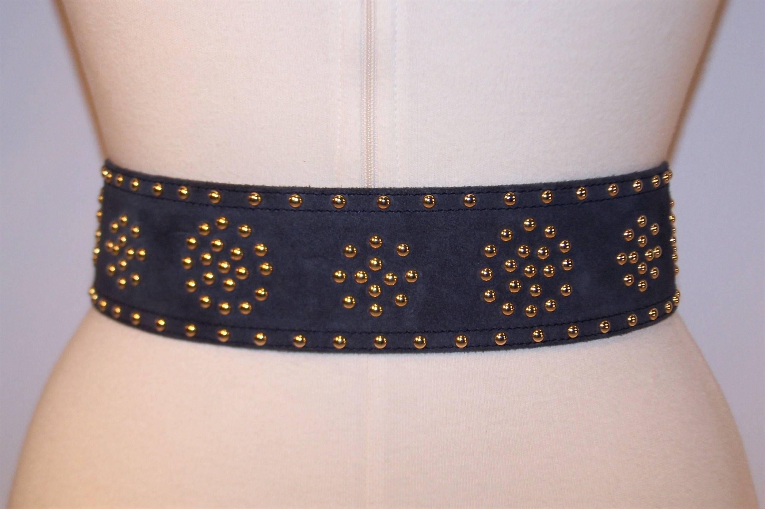 Women's 1970's Yves Saint Laurent Rive Gauche Blue Suede Studded Belt