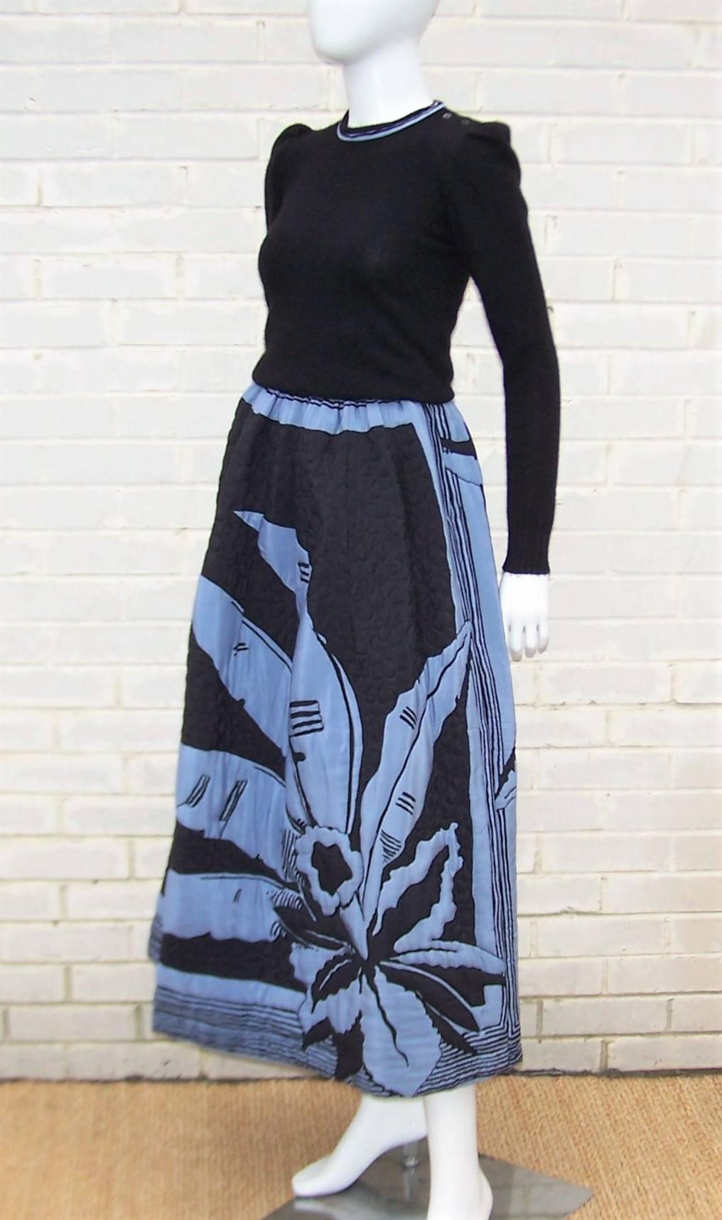 Black Graphic 1970's Michaele Vollbracht Silk Quilted Skirt & Cashmere Sweater Set