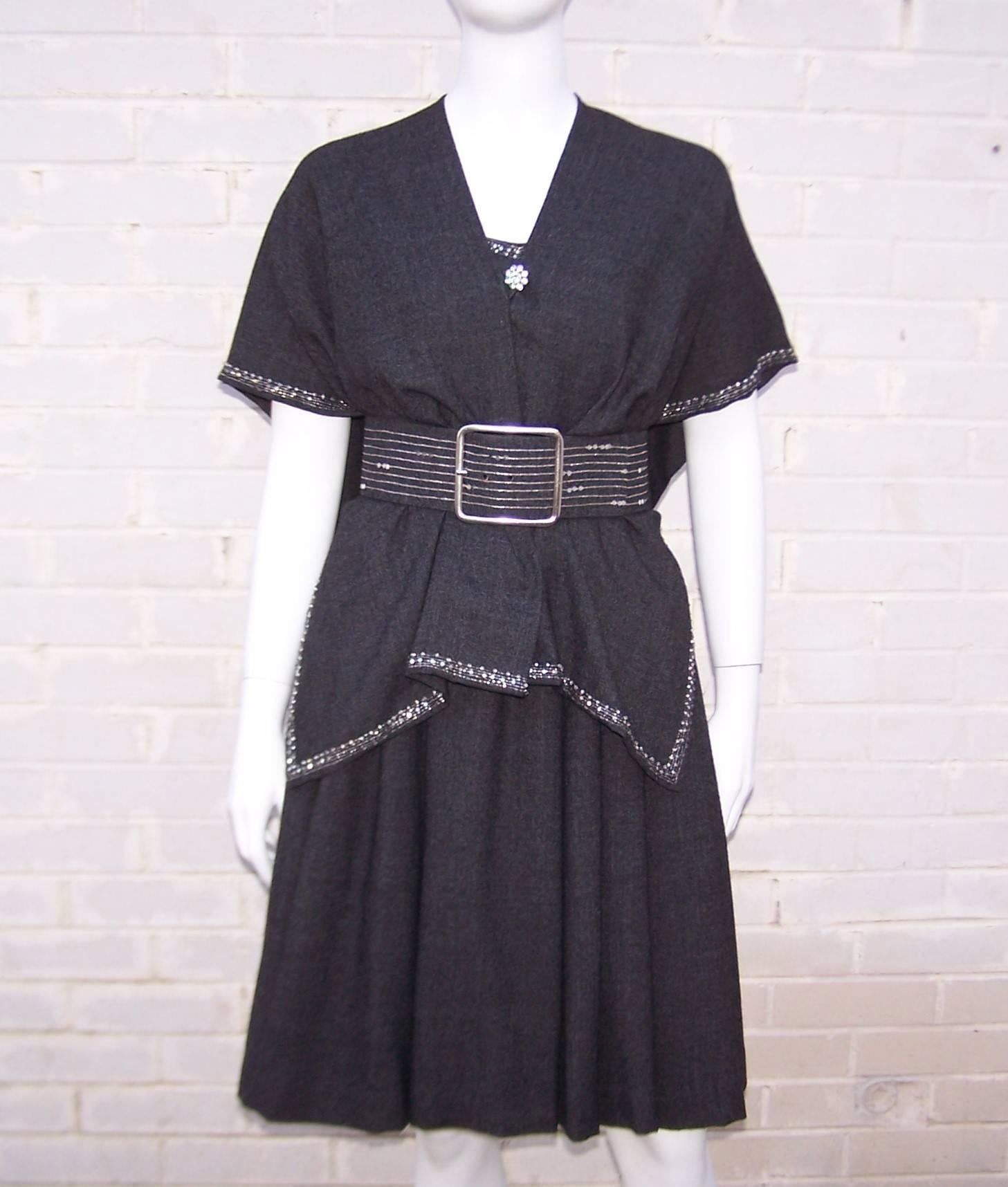 Glittery 1980's Karl Lagerfeld Gray Flannel Strapless Dress With Poncho 2