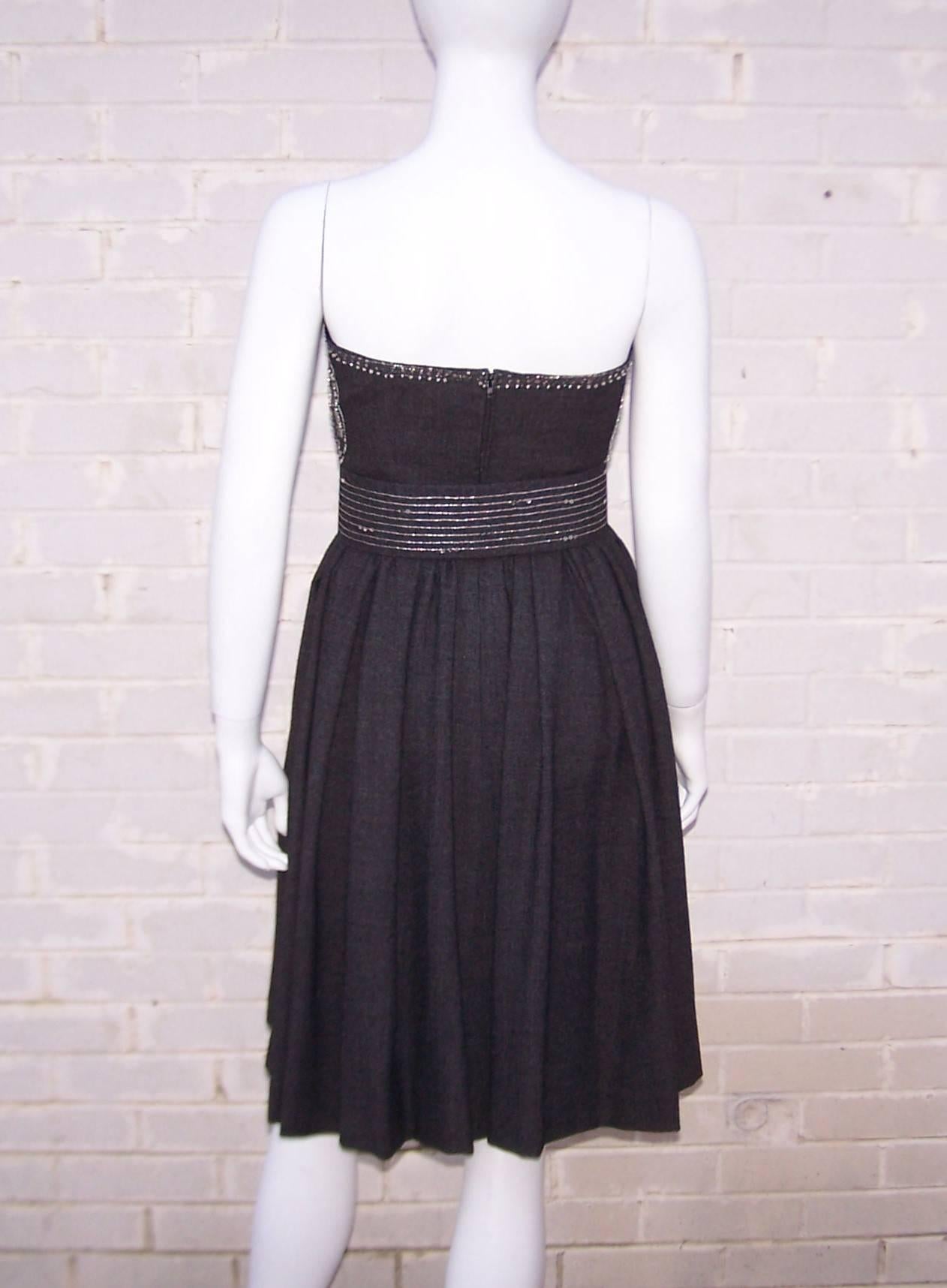 Women's Glittery 1980's Karl Lagerfeld Gray Flannel Strapless Dress With Poncho