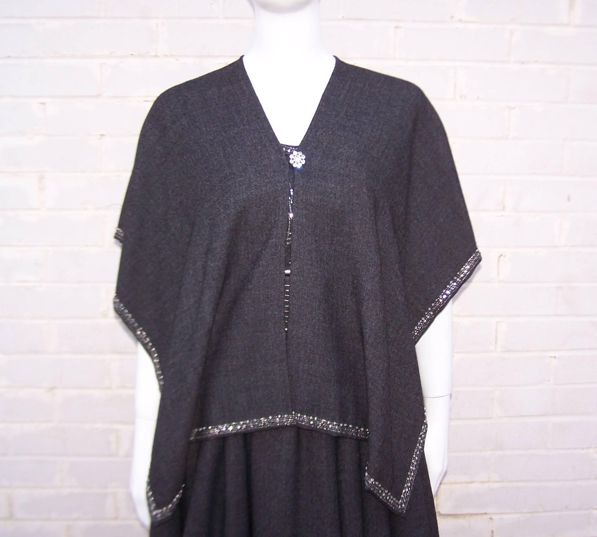 Glittery 1980's Karl Lagerfeld Gray Flannel Strapless Dress With Poncho 1