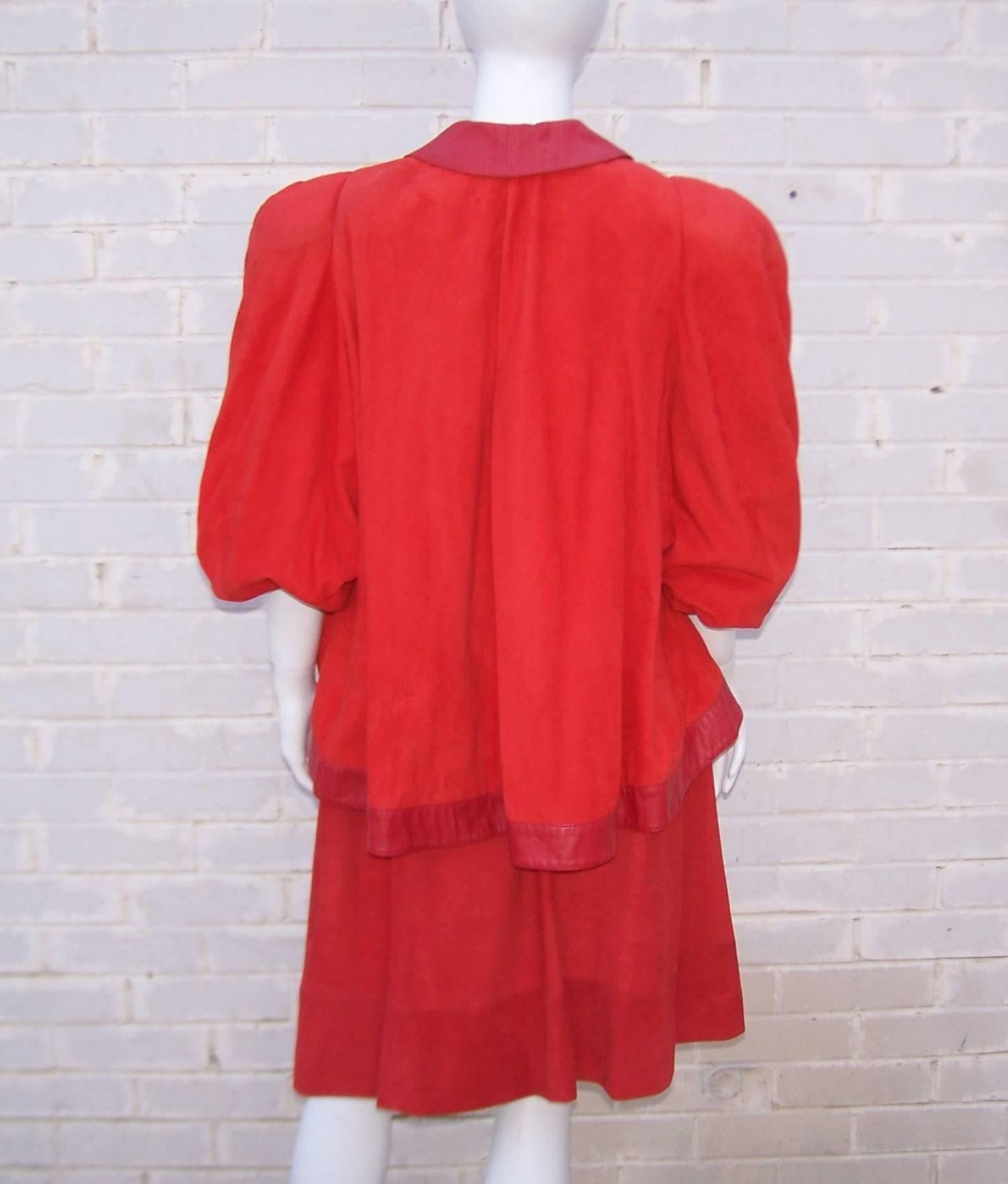 New Wave 1980's Lipstick Red Suede Leather Skirt Suit With Swing Jacket In Excellent Condition In Atlanta, GA